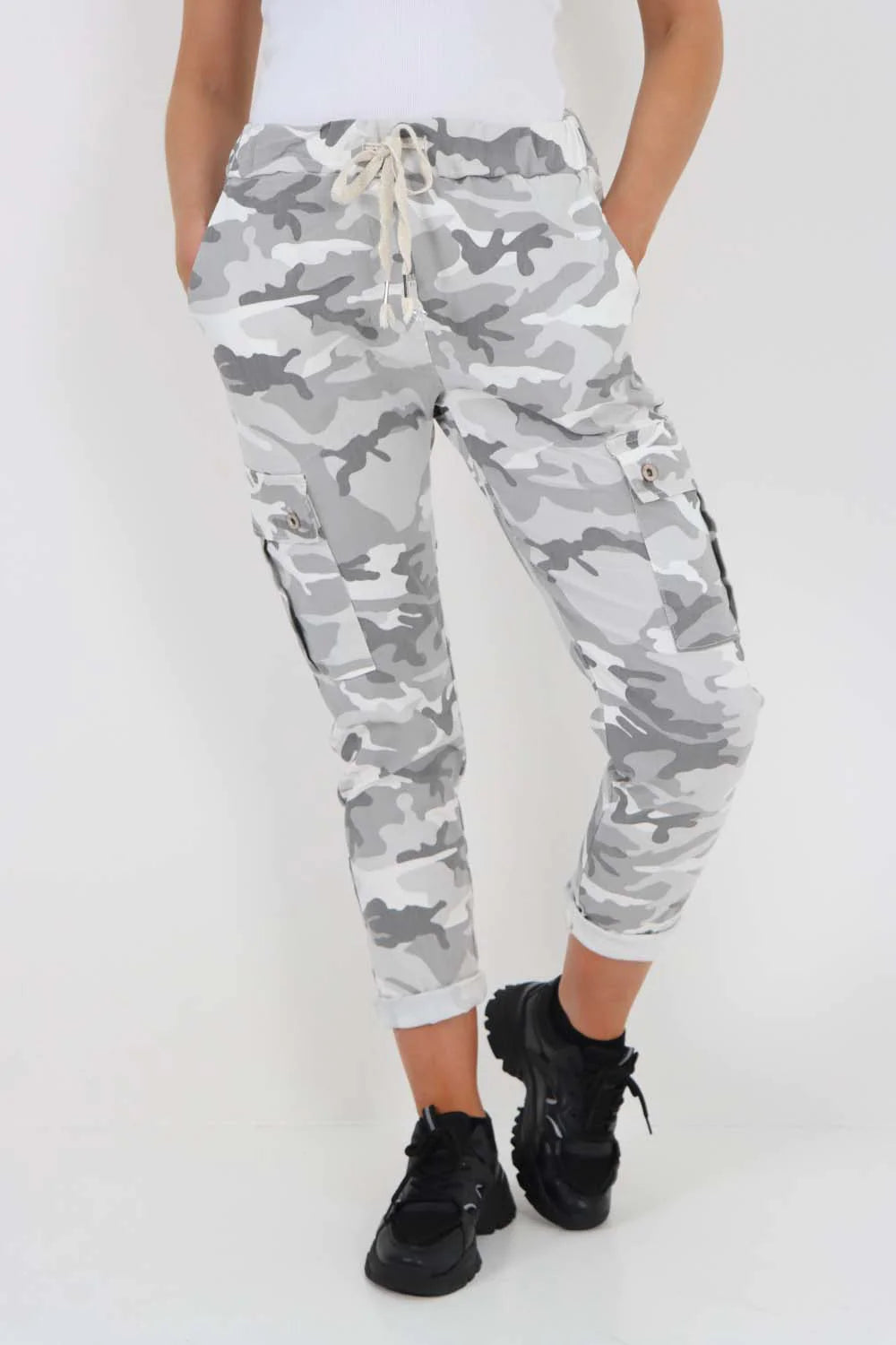 Plus Size Italian Drawstring Camo Side Pockets Cargo Trousers Trouser WearAll