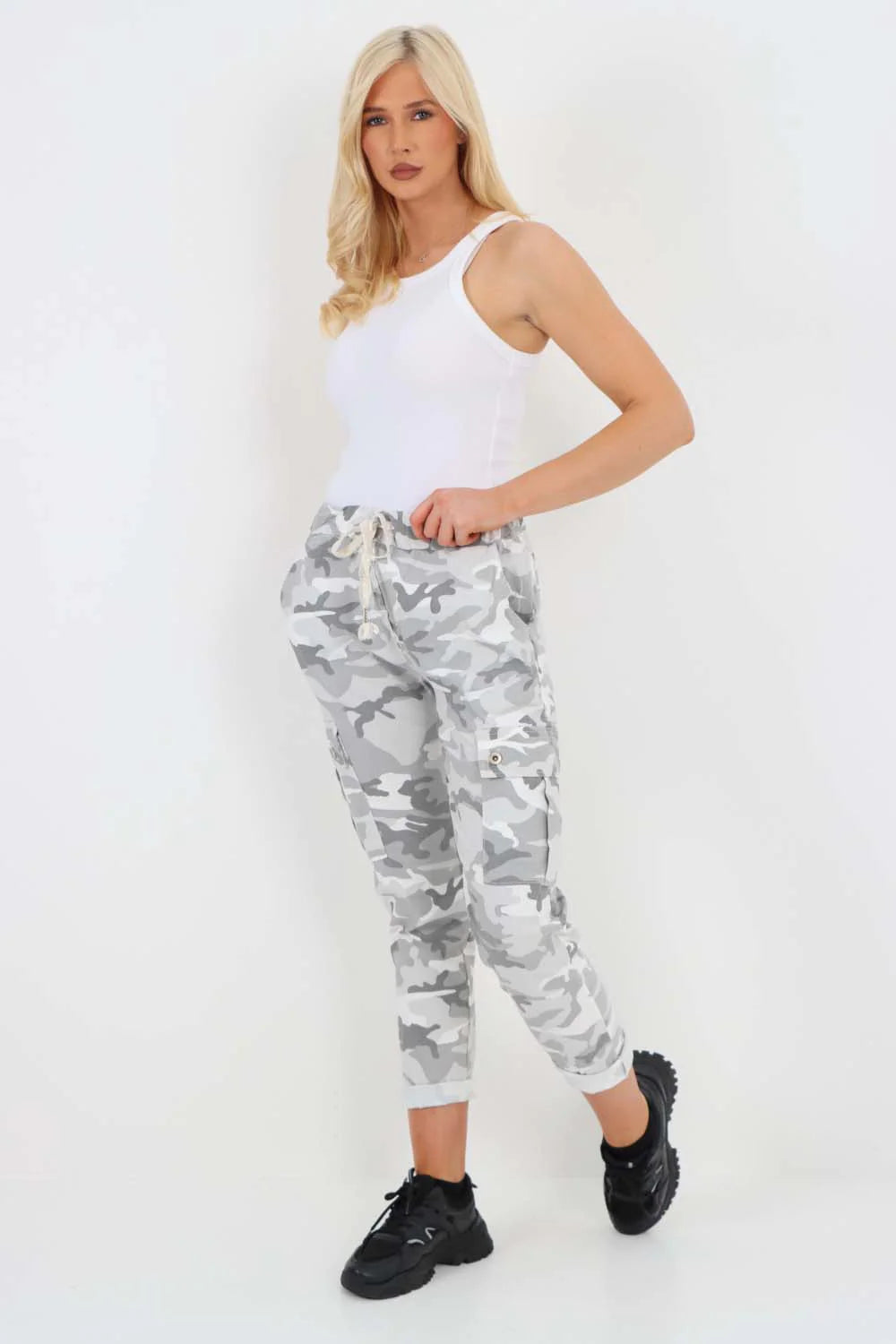 Plus Size Italian Drawstring Camo Side Pockets Cargo Trousers Trouser WearAll