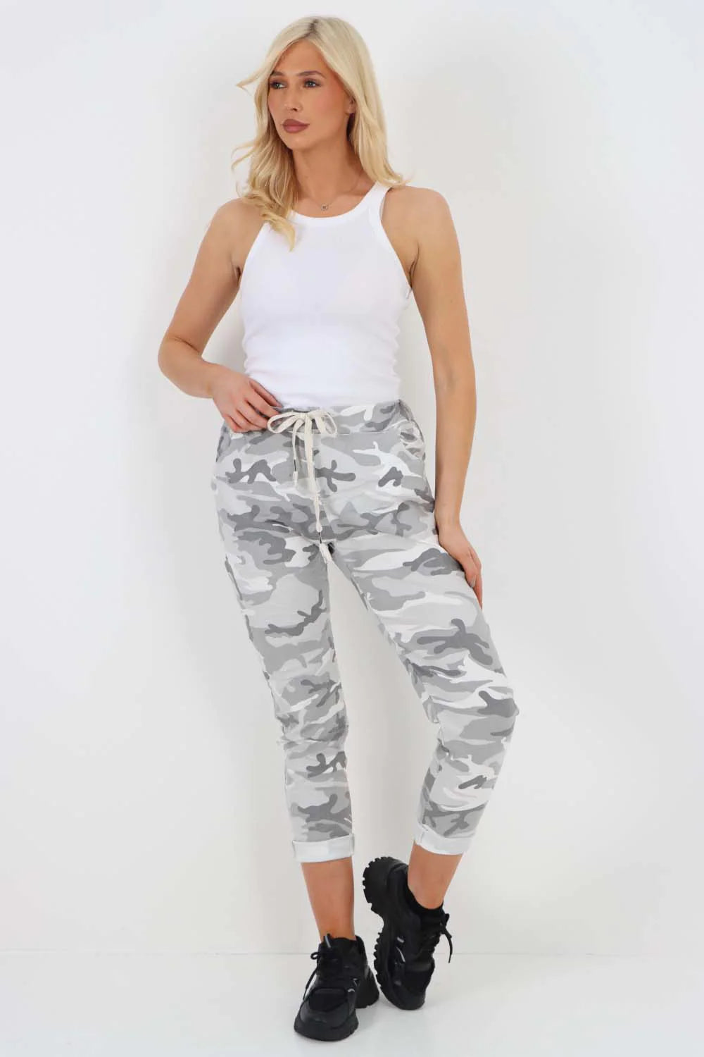 Plus Size Italian Drawstring Camo Side Pockets Trousers Trouser WearAll White 16
