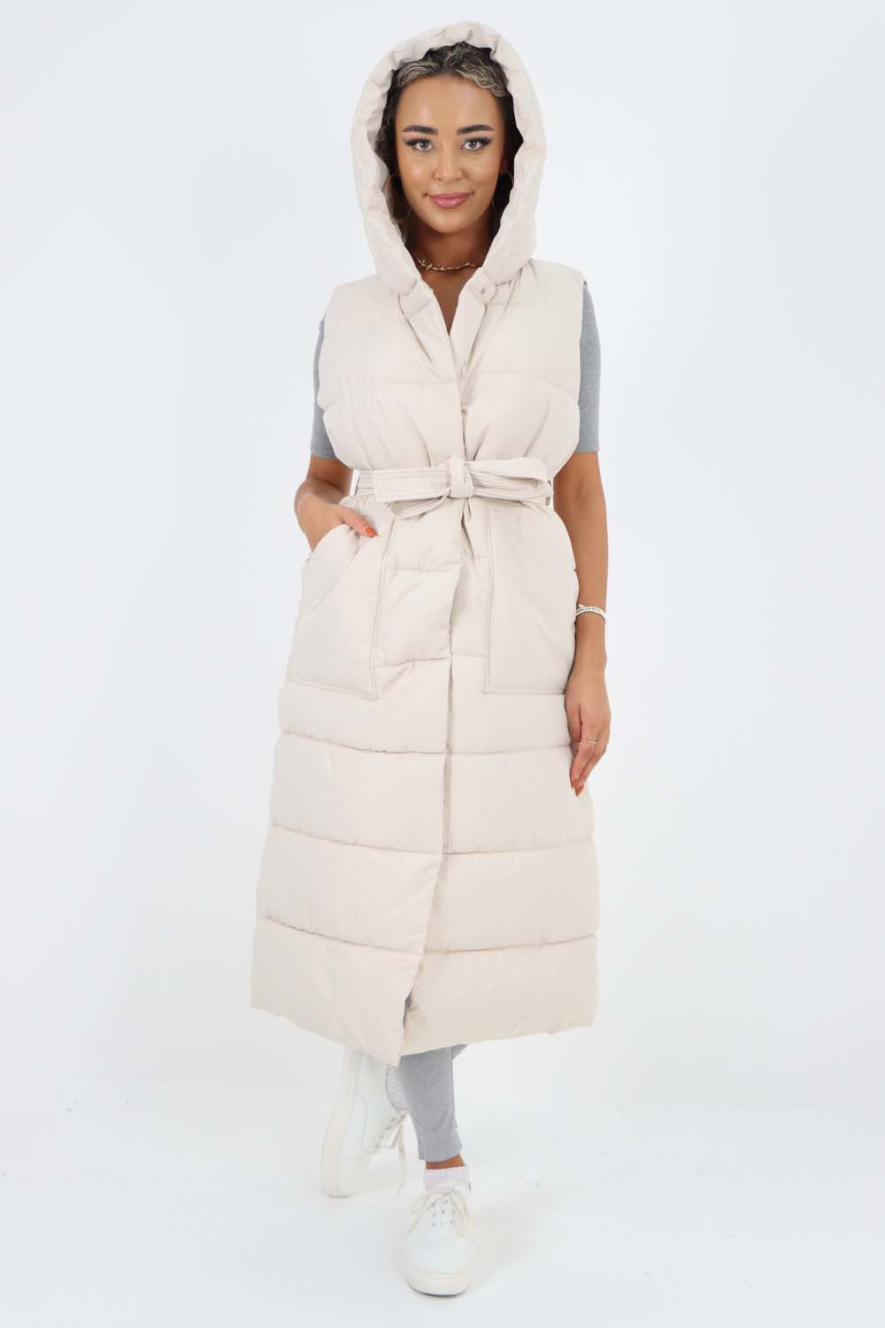 Italian Belted Hooded Long Gilet Jackets & Coat WearAll Cream One Size(Fits UK 10-18)