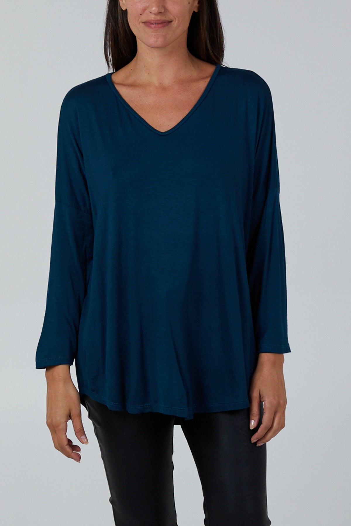 High Low Curved Hem Long Sleeve Top TOPMF2 WearAll Teal One Size