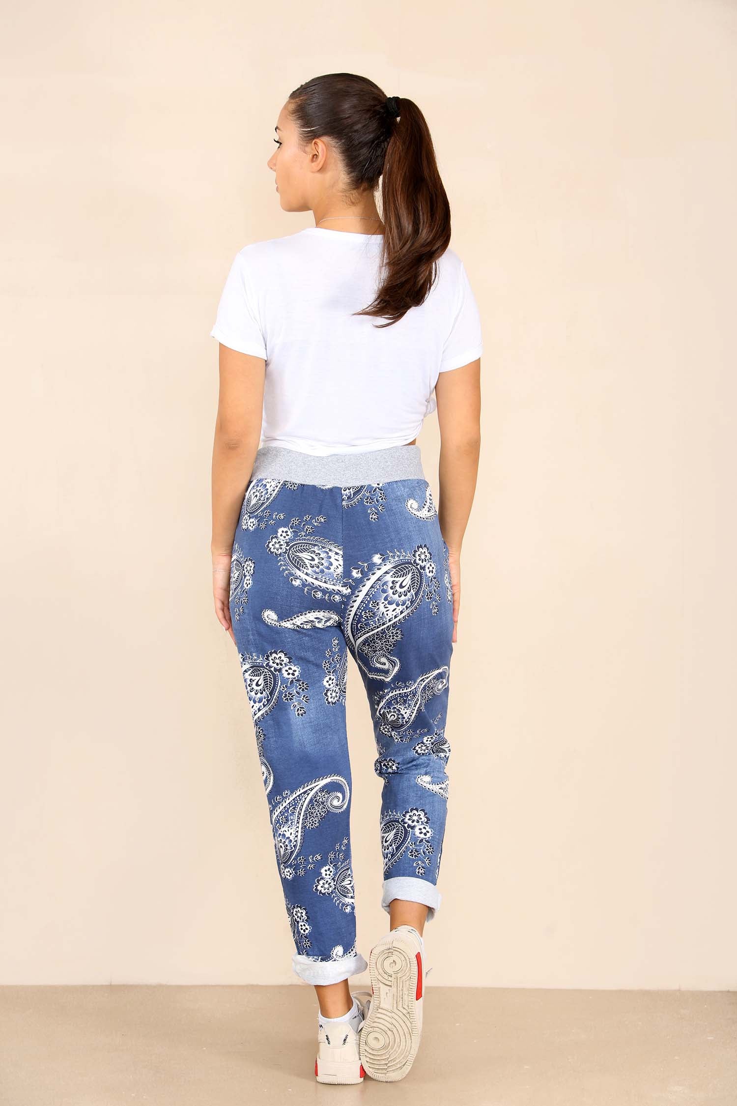 Plus Size Italian Paisley Print Drawstring Cotton Joggers Trouser WearAll