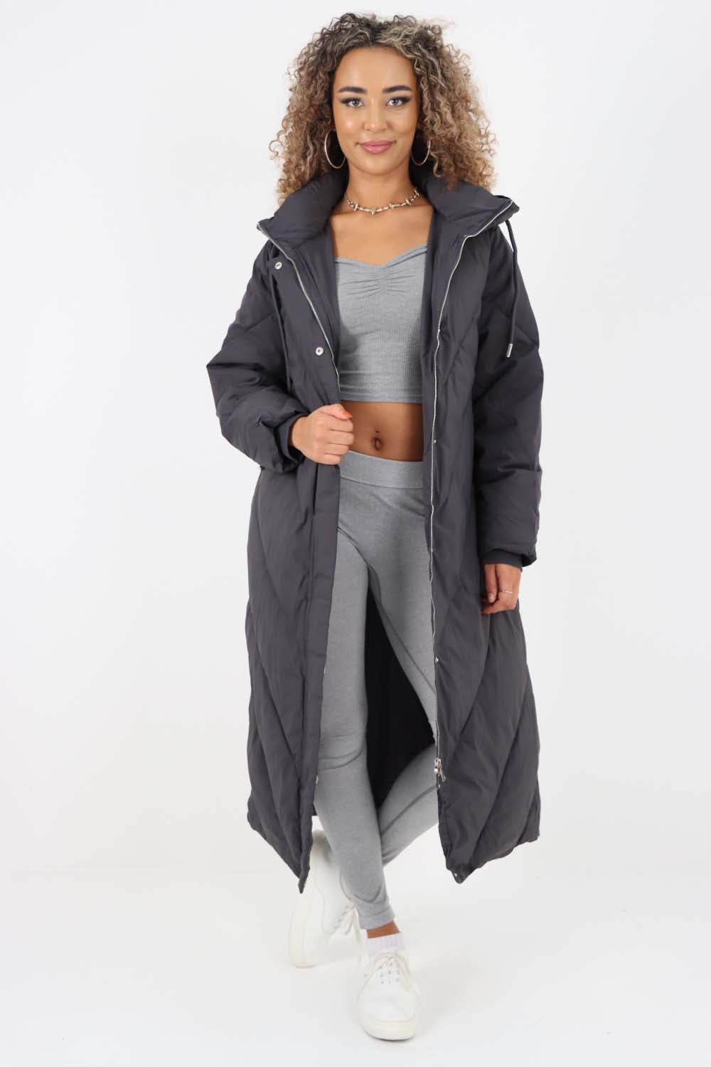 Italian Quilted Hooded Long Jacket Coat Jackets & Coat WearAll Charcoal One Size (8-18)