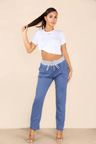 Italian Plain Drawstring Cotton Joggers Trouser WearAll Denim Blue 8