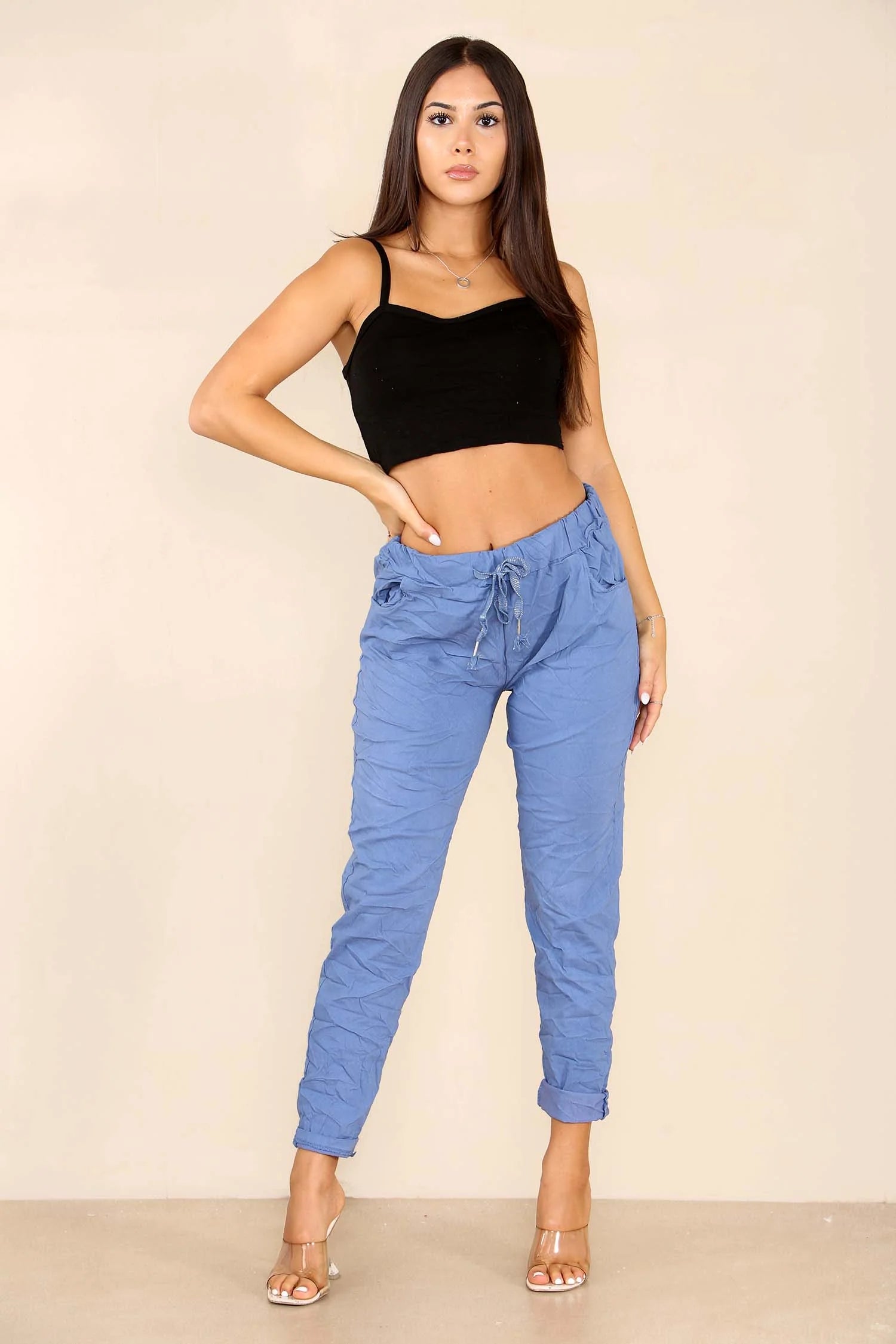 Italian Glitter Drawstring Waistband Magic Pants Trouser WearAll Denim Blue 8