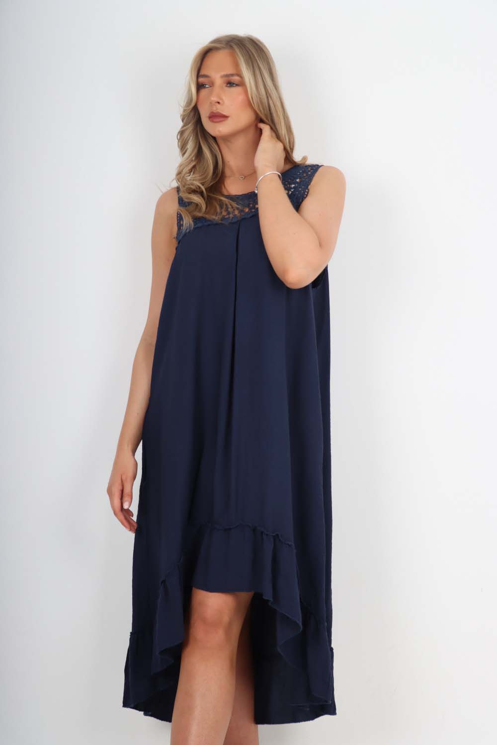 Italian Lace Neckline Dipped Hem Dress Dress WearAll Denim Blue One Size (Fits UK 10-18)