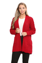 Plus Size Cable Knitted Open Pocket Cardigan Knitted Cardigan WearAll Red 16-18