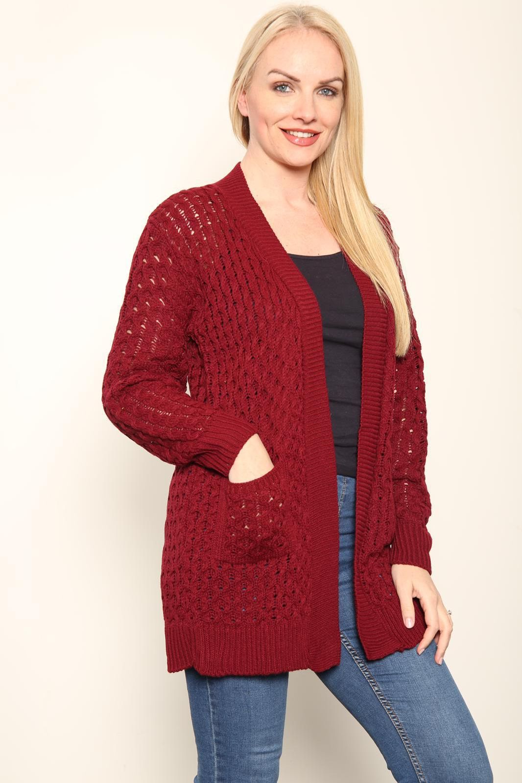 Cable Knitted Open Pocket Cardigan Knitted Cardigan WearAll Wine 8-10