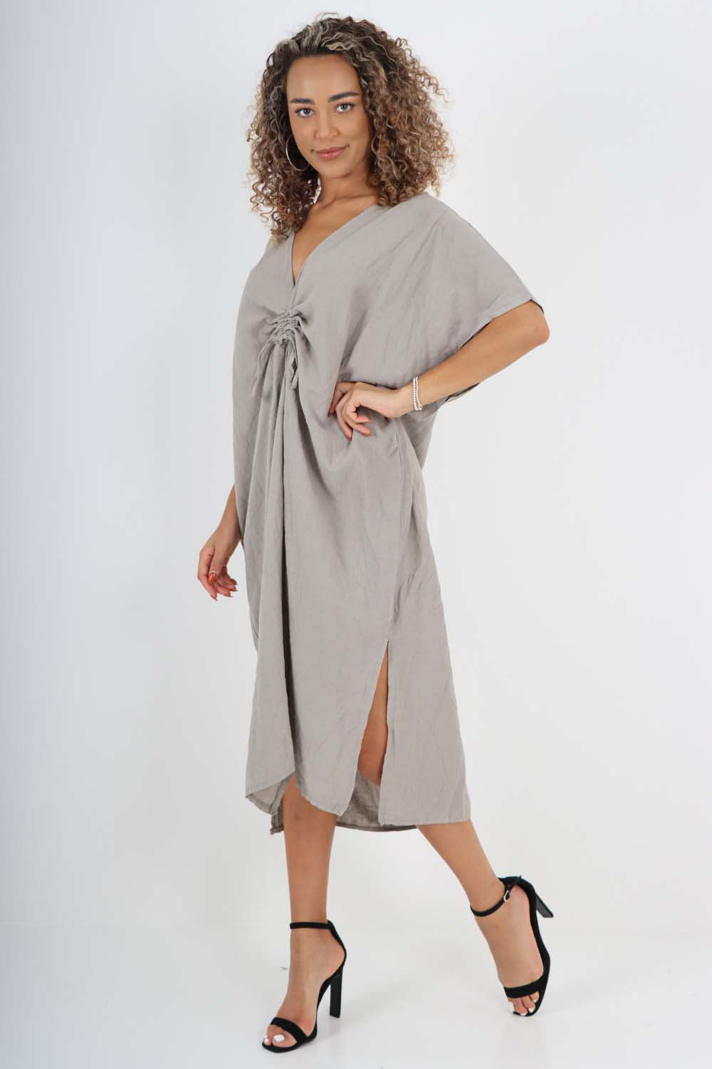 Italian Drawestring Front Side Split Linen Dress Dress WearAll