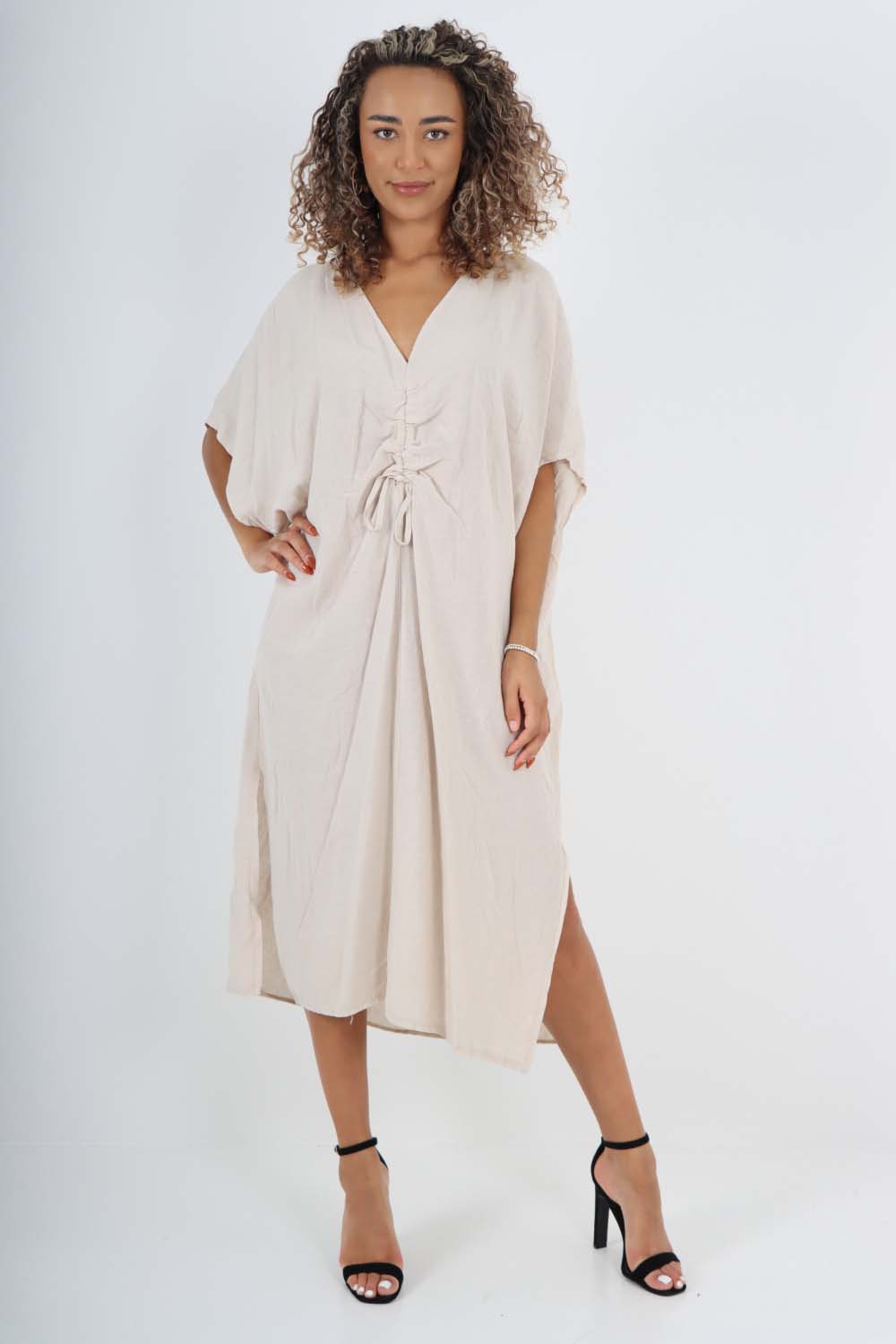 Italian Drawestring Front Side Split Linen Dress Dress WearAll Beige One Size (Fits UK 12-22)