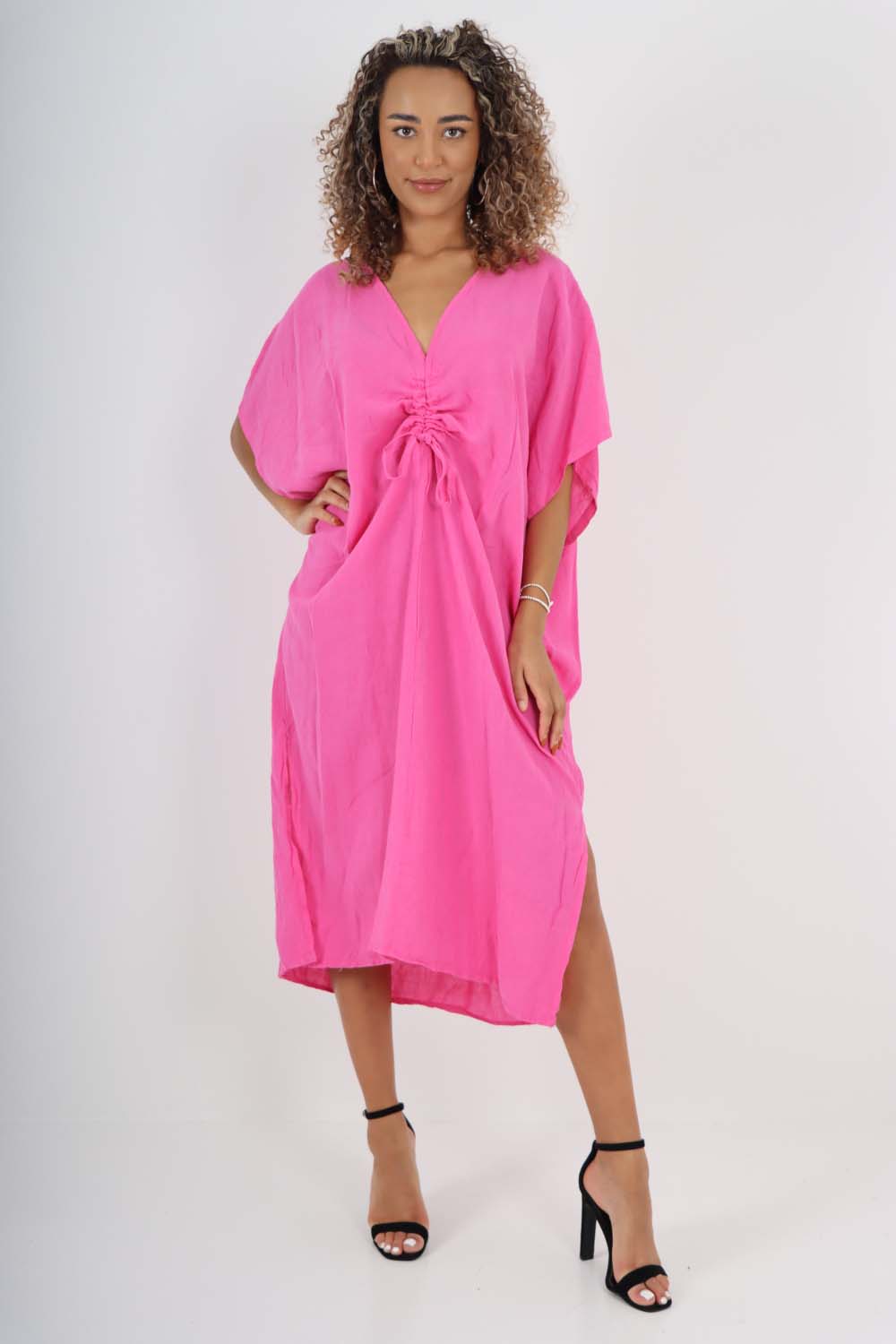 Italian Drawestring Front Side Split Linen Dress Dress WearAll Fuchsia One Size (Fits UK 12-22)