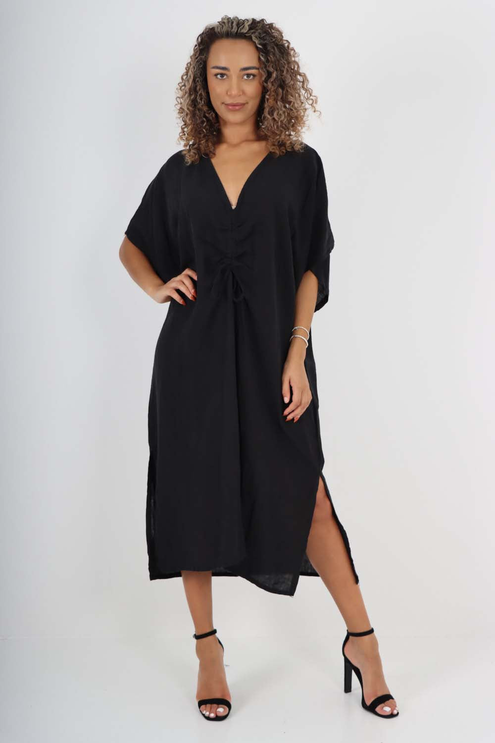 Italian Drawestring Front Side Split Linen Dress Dress WearAll Black One Size (Fits UK 12-22)