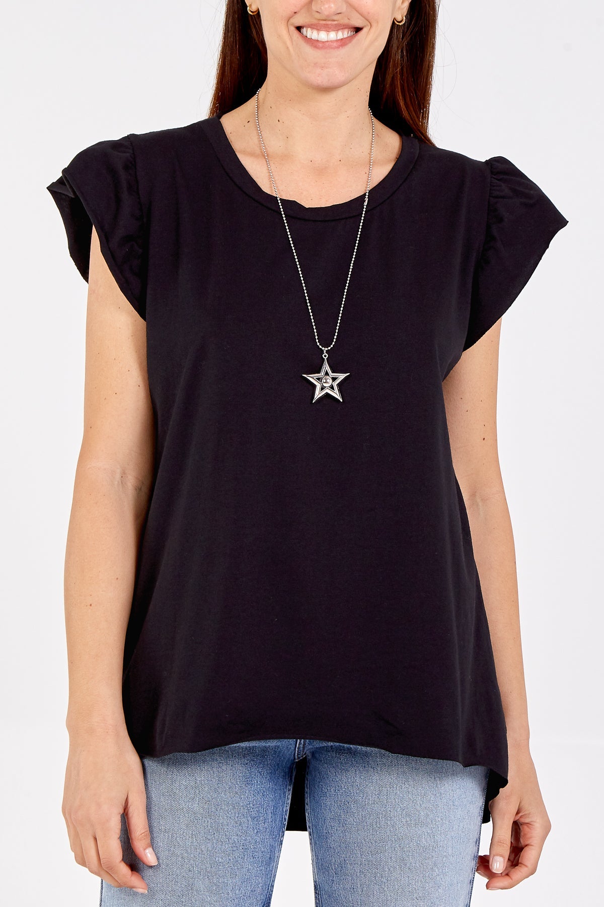 Scoop Neck Frill Sleeve Top With Necklace TOPMF2 WearAll Black One Size