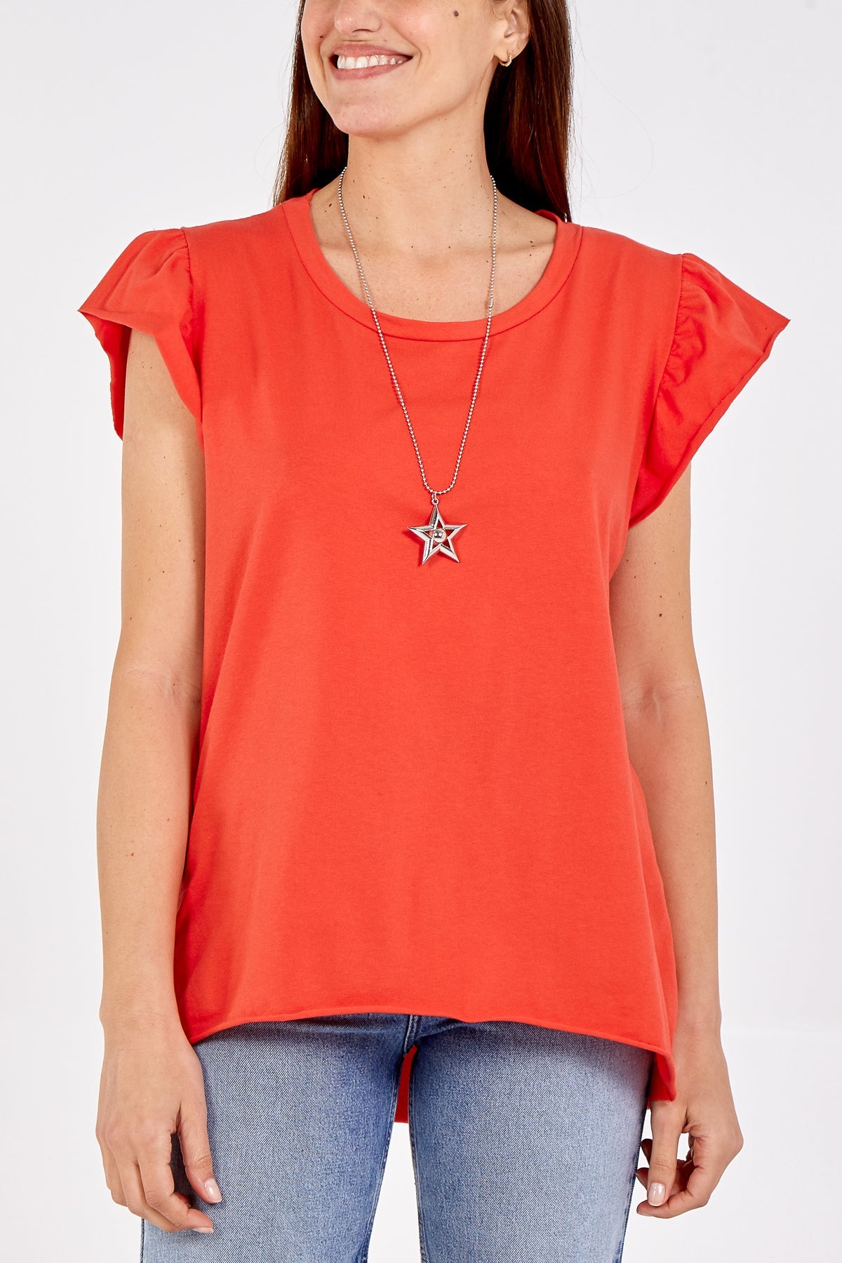 Scoop Neck Frill Sleeve Top With Necklace TOPMF2 WearAll Coral One Size