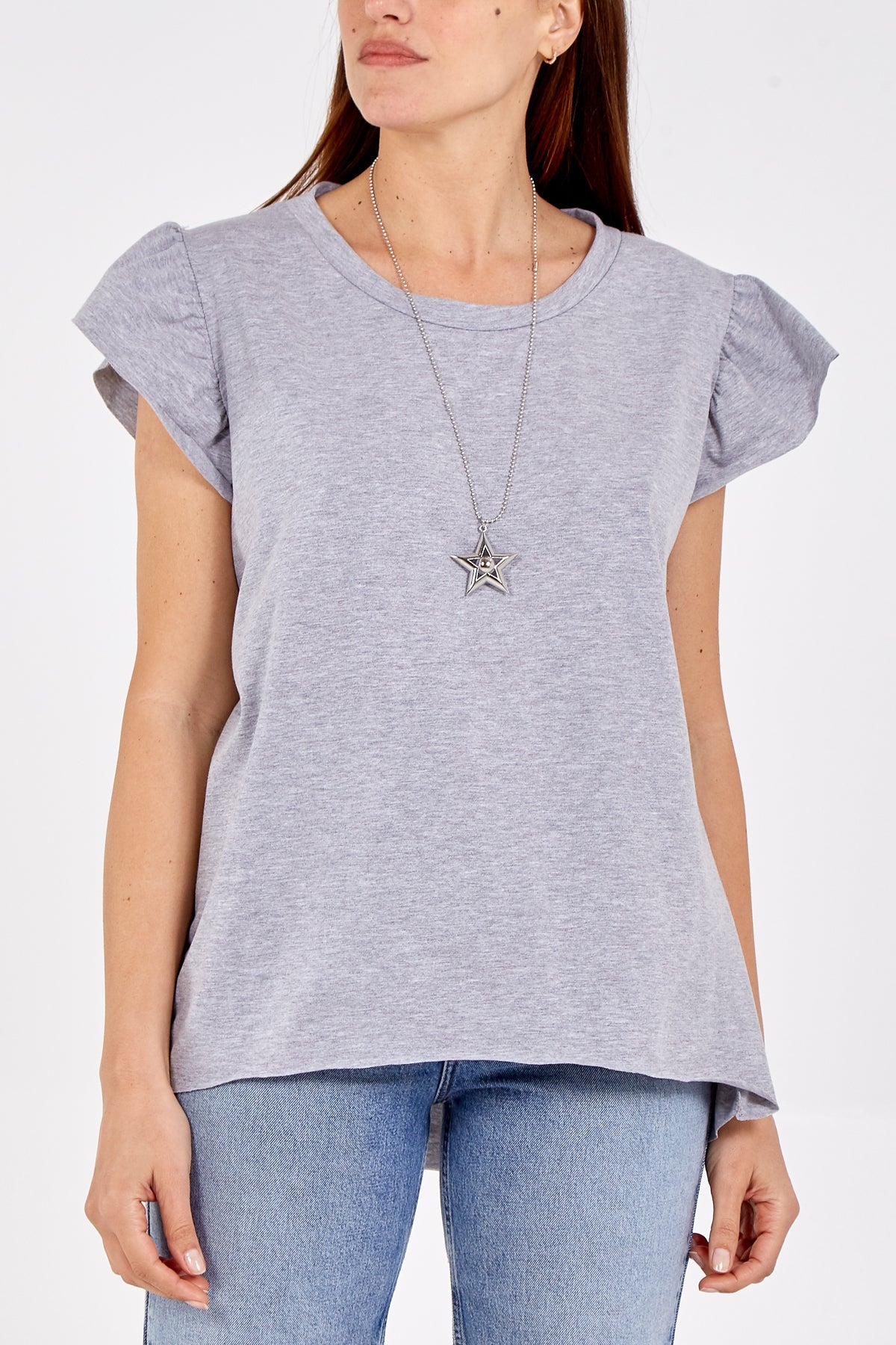 Scoop Neck Frill Sleeve Top With Necklace TOPMF2 WearAll