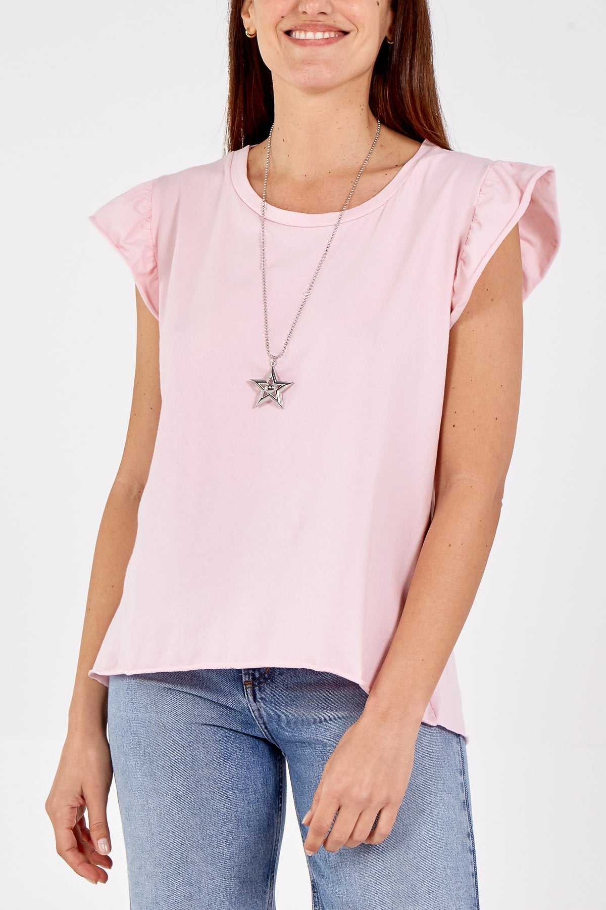 Scoop Neck Frill Sleeve Top With Necklace TOPMF2 WearAll