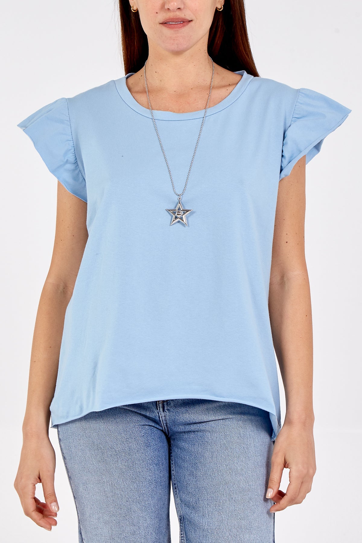 Scoop Neck Frill Sleeve Top With Necklace TOPMF2 WearAll