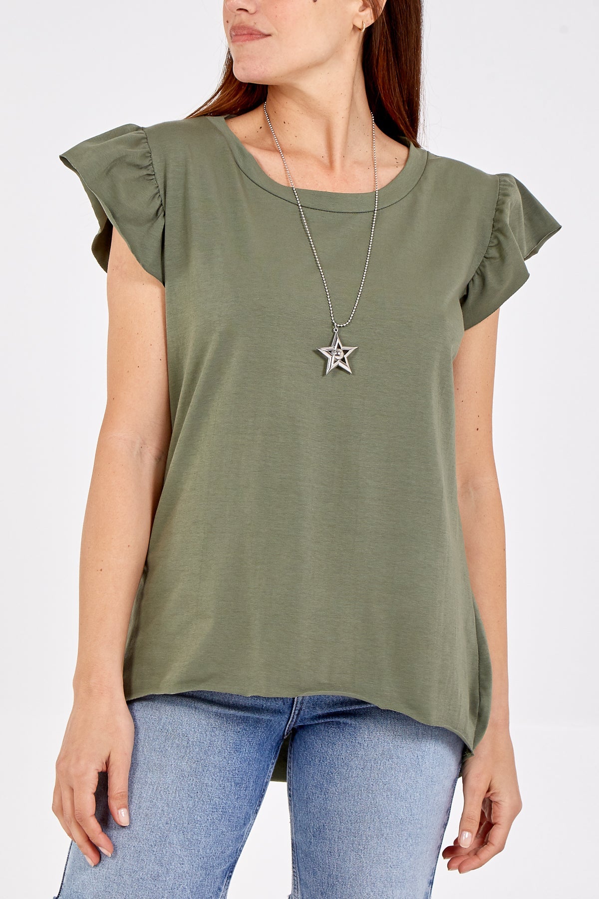 Scoop Neck Frill Sleeve Top With Necklace TOPMF2 WearAll