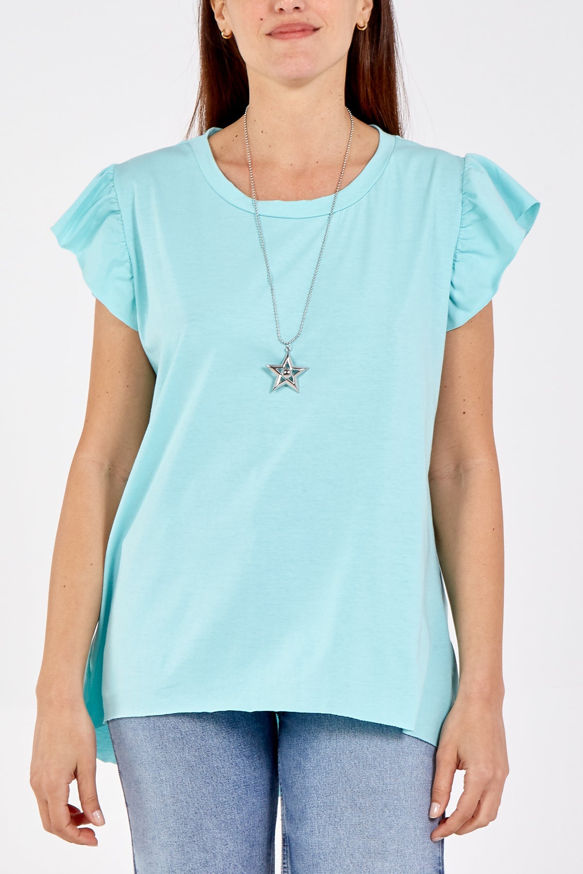 Scoop Neck Frill Sleeve Top With Necklace TOPMF2 WearAll