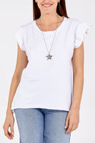 Scoop Neck Frill Sleeve Top With Necklace TOPMF2 WearAll