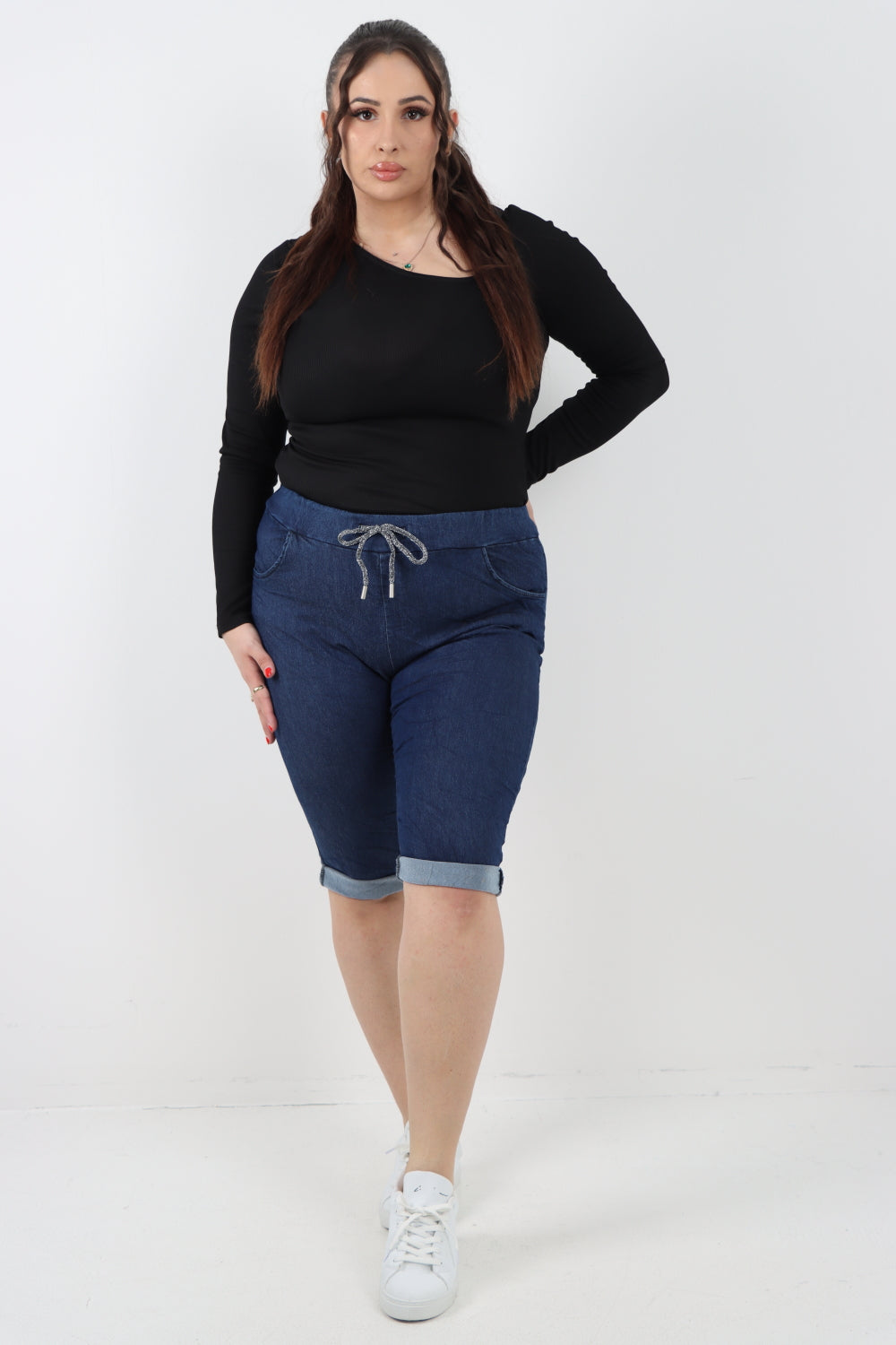 Women Denim Italian Shorts Drawstring Shorts WearAll Dark Denim 12