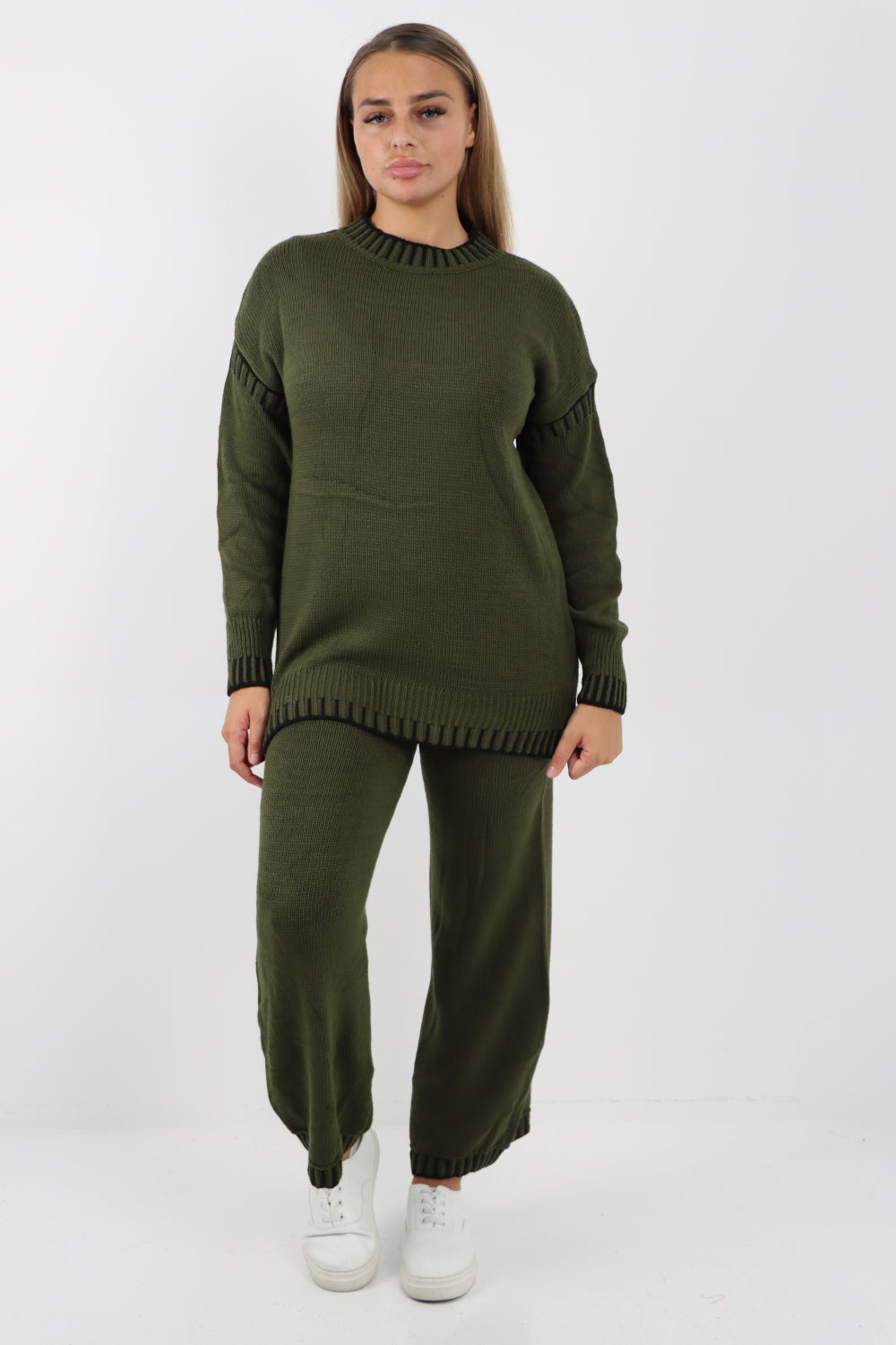 Italian Patch Knitted Co-Ord Set Tracksuit Dress WearAll khaki One Size To Fit UK 8-16