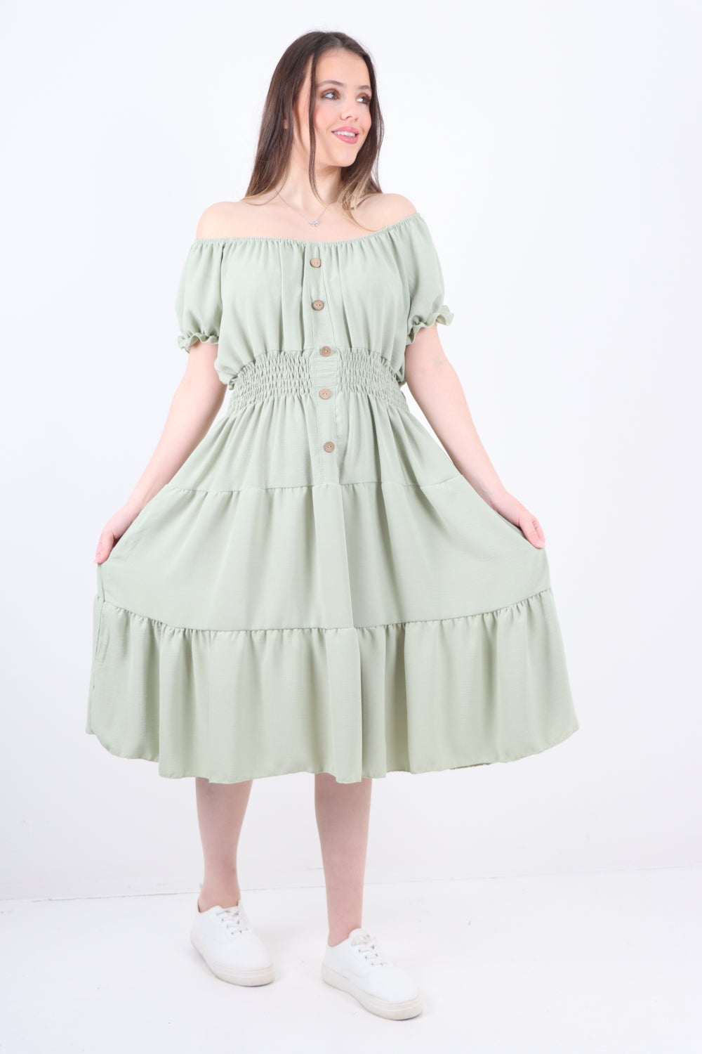 Italian Off The Shoulder Elasticated Waist Tiered Midi Dress Midi Dress WearAll