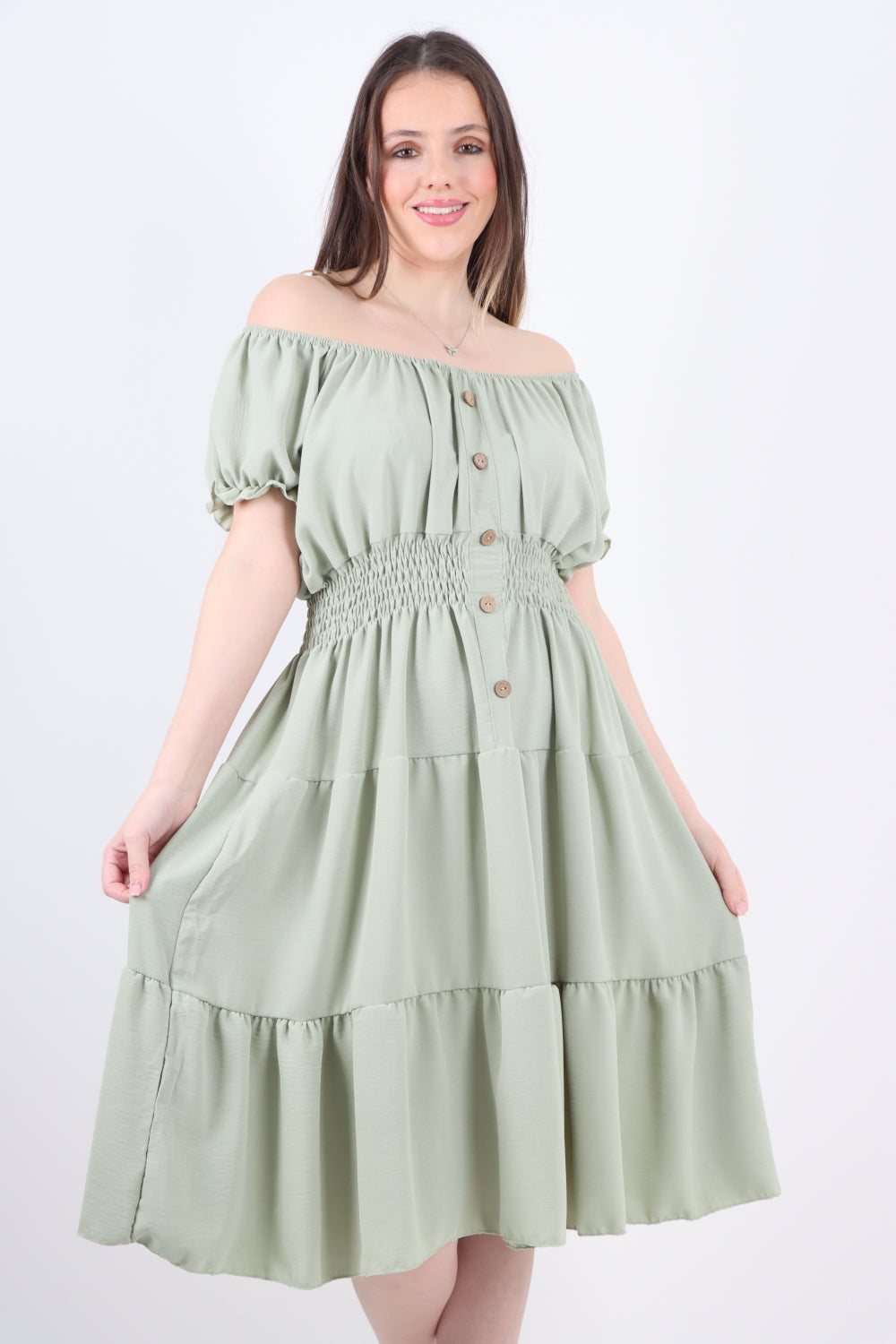 Italian Off The Shoulder Elasticated Waist Tiered Midi Dress Midi Dress WearAll