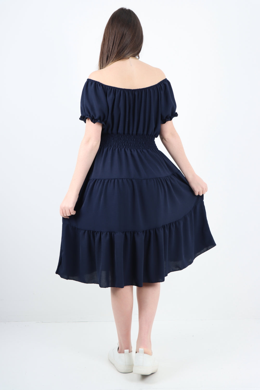 Italian Off The Shoulder Elasticated Waist Tiered Midi Dress Midi Dress WearAll