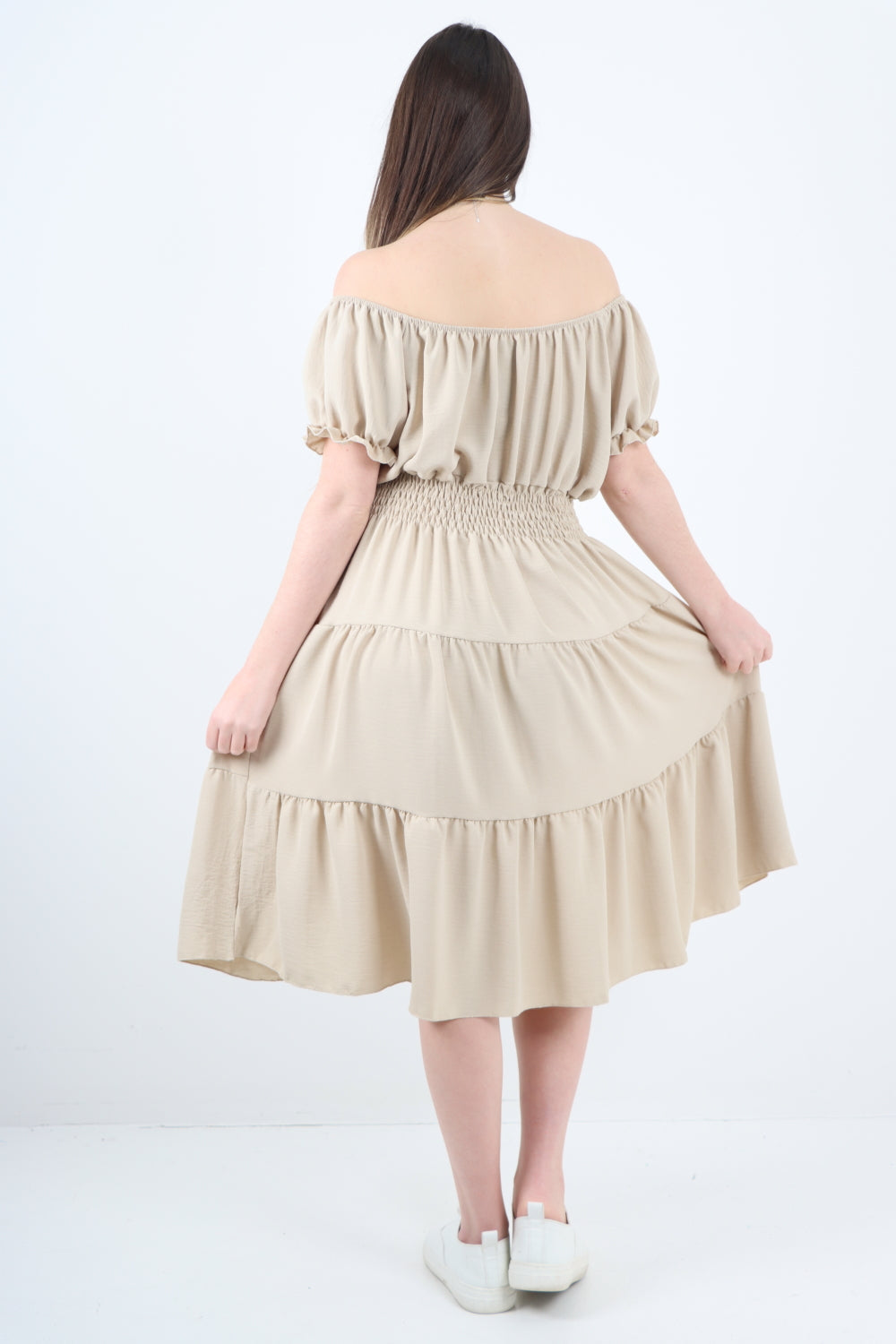 Italian Off The Shoulder Elasticated Waist Tiered Midi Dress Midi Dress WearAll