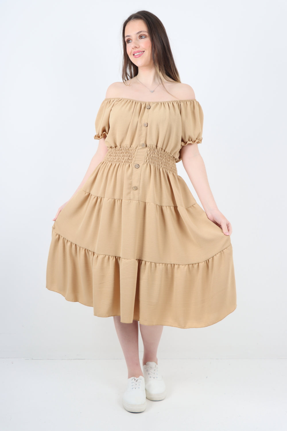 Italian Off The Shoulder Elasticated Waist Tiered Midi Dress Midi Dress WearAll Camel One Size To Fit UK 8-20