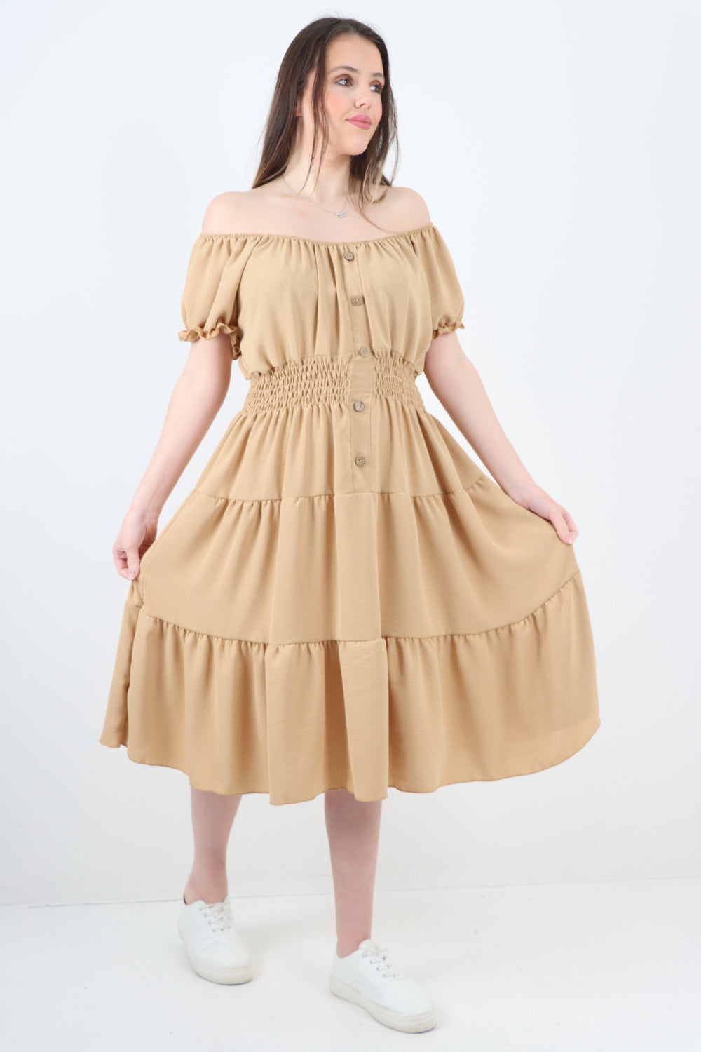 Italian Off The Shoulder Elasticated Waist Tiered Midi Dress Midi Dress WearAll