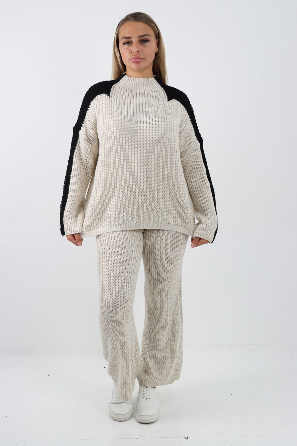 Italian Contrast Panel Knitted Top and Trouser Dresses WearAll Beige One Size To Fit UK 8-16