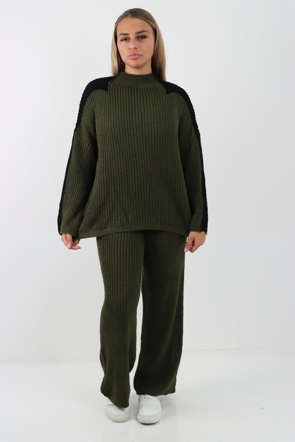 Italian Contrast Panel Knitted Top and Trouser Dresses WearAll khaki One Size To Fit UK 8-16