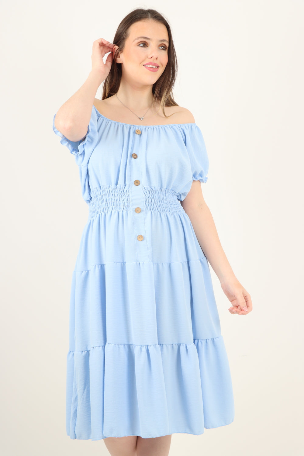 Italian Off The Shoulder Elasticated Waist Tiered Midi Dress Midi Dress WearAll Sky Blue One Size To Fit UK 8-20