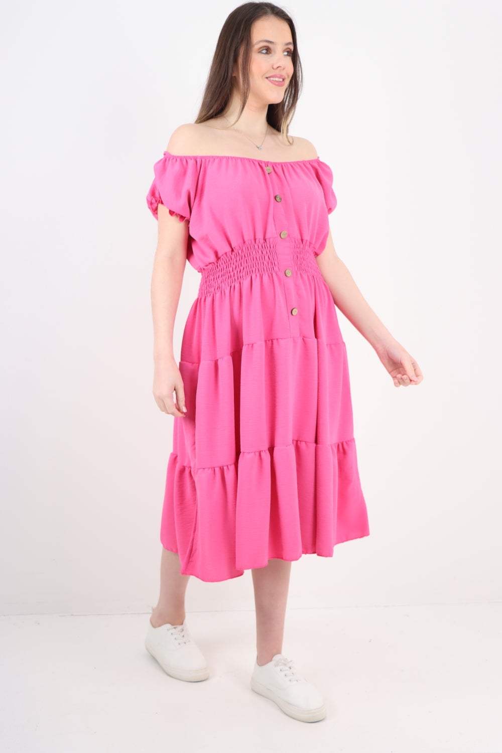 Italian Off The Shoulder Elasticated Waist Tiered Midi Dress Midi Dress WearAll