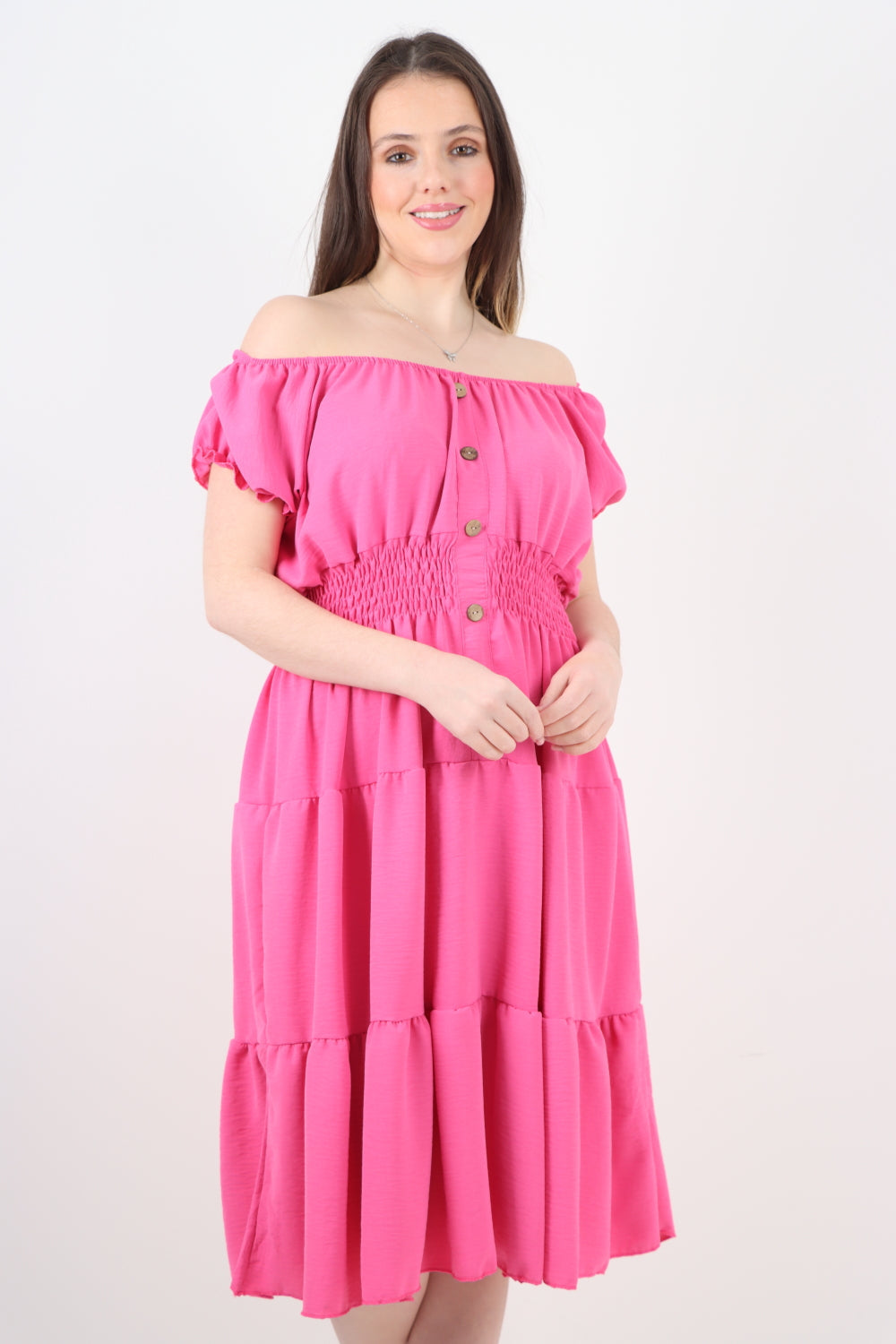 Italian Off The Shoulder Elasticated Waist Tiered Midi Dress Midi Dress WearAll