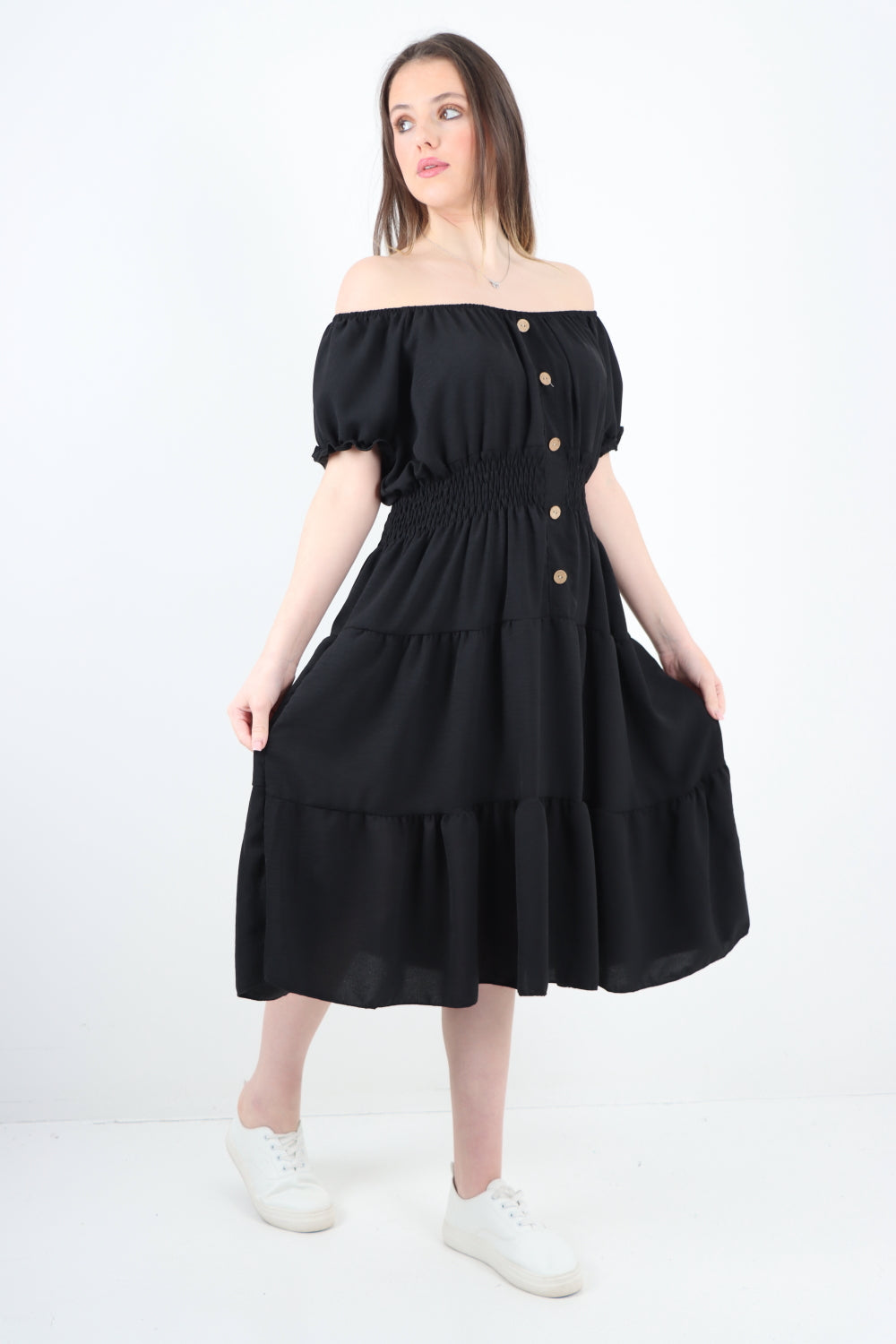 Italian Off The Shoulder Elasticated Waist Tiered Midi Dress Midi Dress WearAll