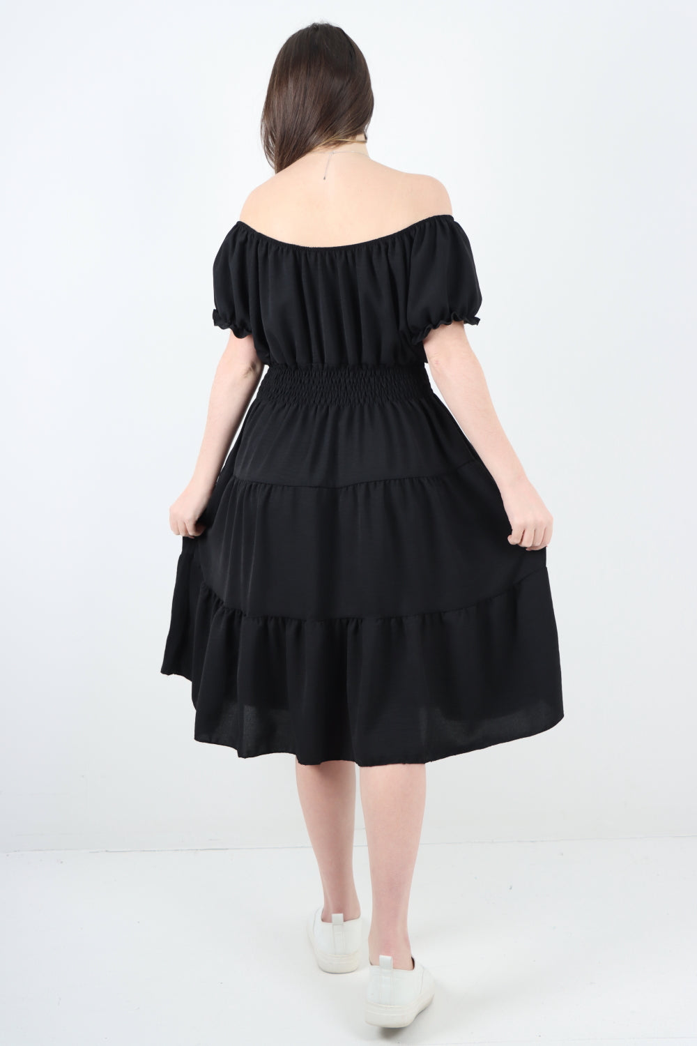 Italian Off The Shoulder Elasticated Waist Tiered Midi Dress Midi Dress WearAll
