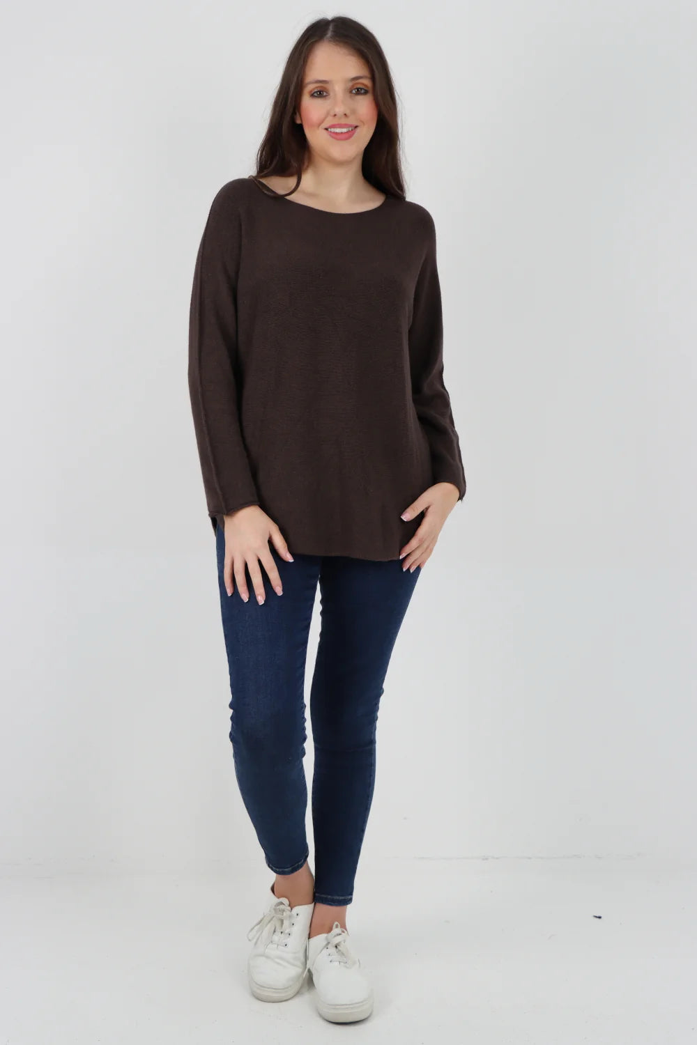 Knitted Jumper Round Neck Basic Sweater Top Sweater WearAll Chocolate One Size To Fit UK 8-16