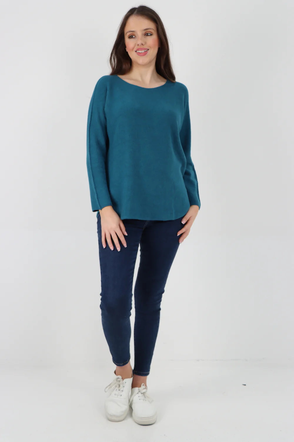 Knitted Jumper Round Neck Basic Sweater Top Sweater WearAll Teal One Size To Fit UK 8-16