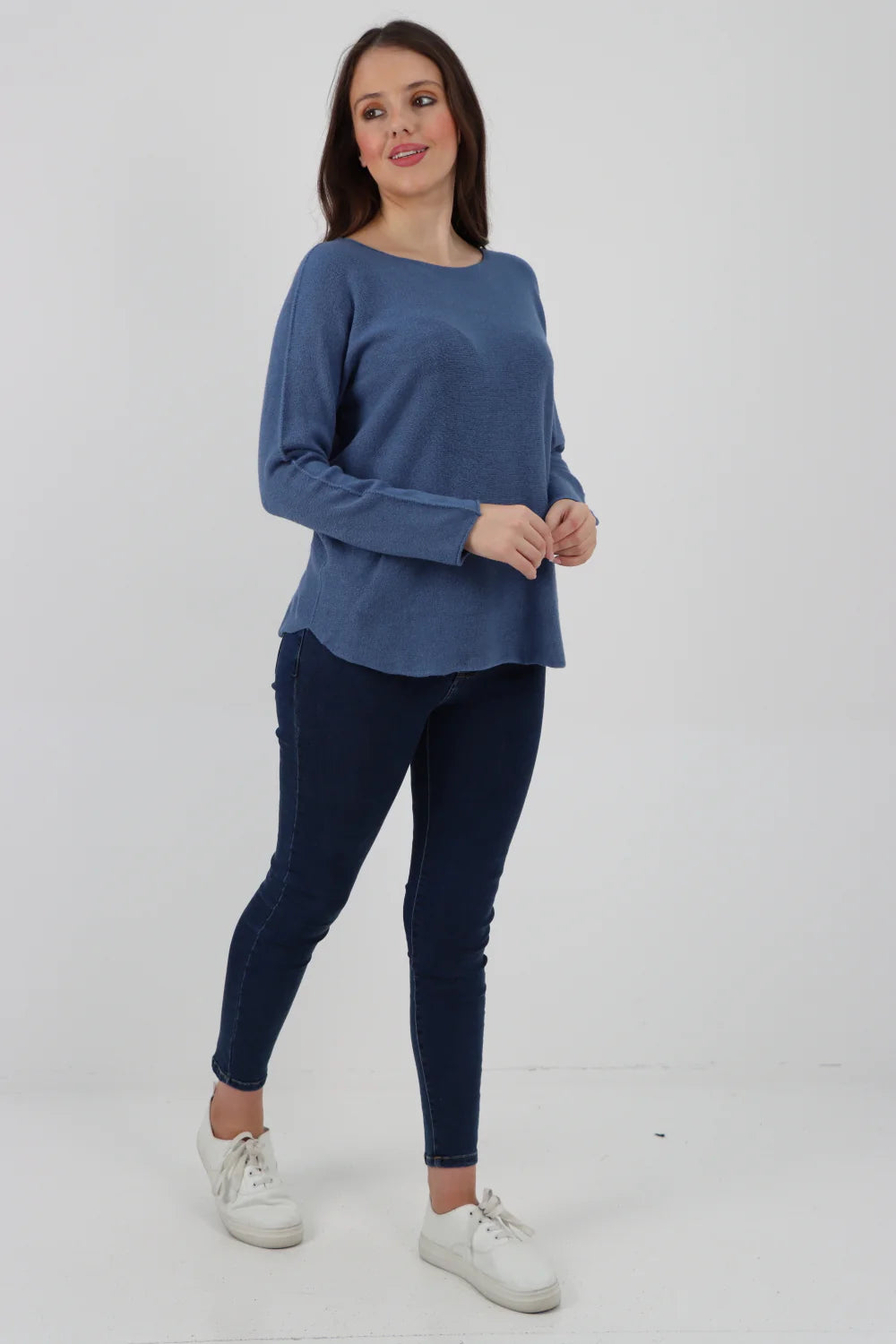 Knitted Jumper Round Neck Basic Sweater Top Sweater WearAll Denim One Size To Fit UK 8-16