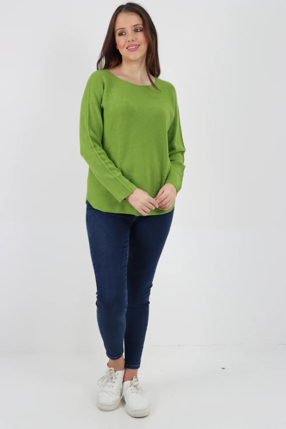 Knitted Jumper Round Neck Basic Sweater Top Sweater WearAll Lime One Size To Fit UK 8-16
