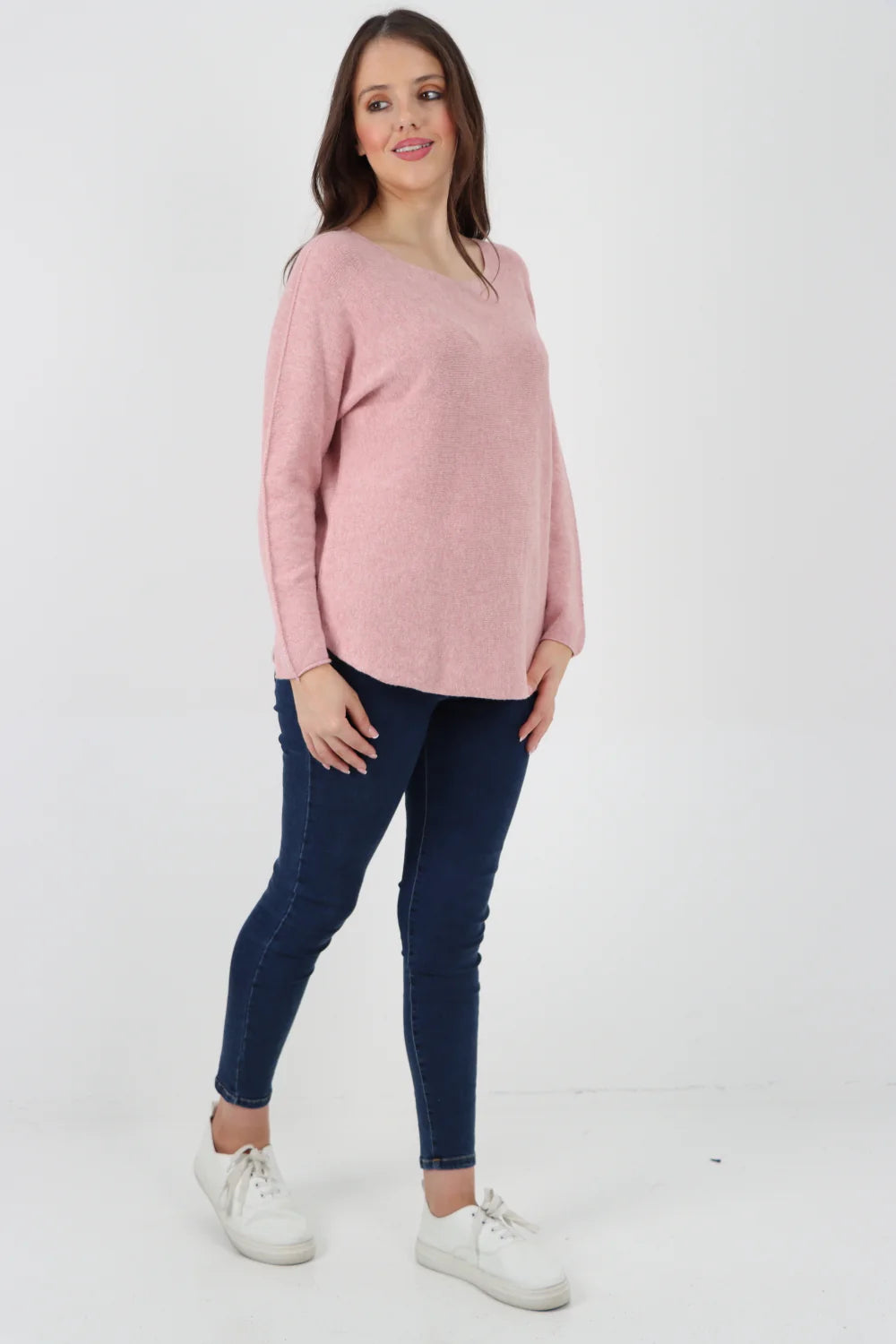 Knitted Jumper Round Neck Basic Sweater Top Sweater WearAll Dusky Pink One Size To Fit UK 8-16