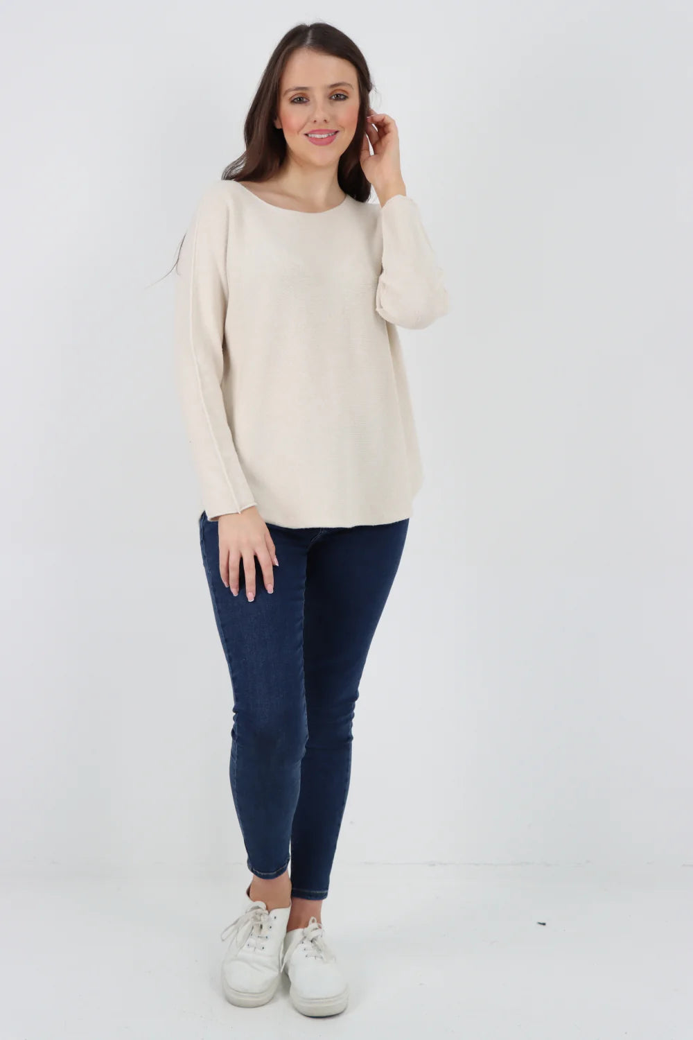 Knitted Jumper Round Neck Basic Sweater Top Sweater WearAll Beige One Size To Fit UK 8-16