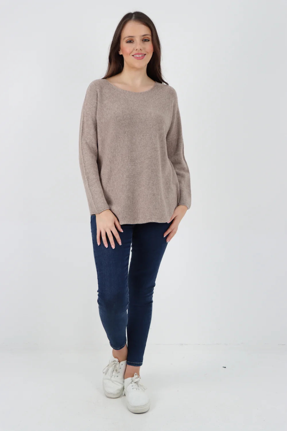 Knitted Jumper Round Neck Basic Sweater Top Sweater WearAll Mocha One Size To Fit UK 8-16