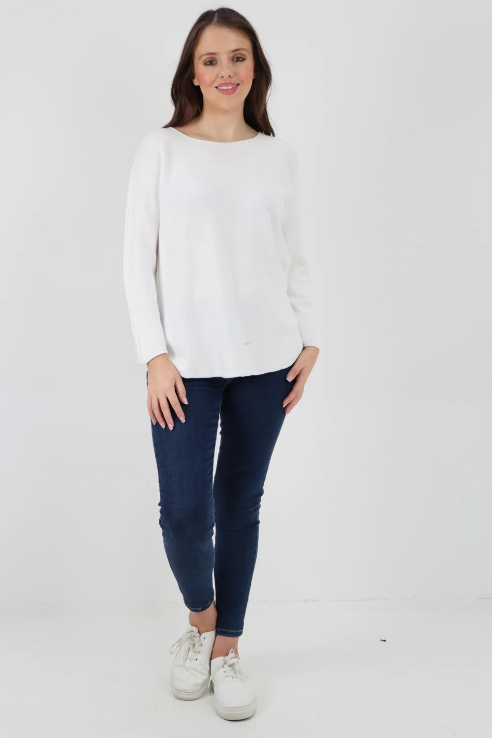 Knitted Jumper Round Neck Basic Sweater Top Sweater WearAll White One Size To Fit UK 8-16