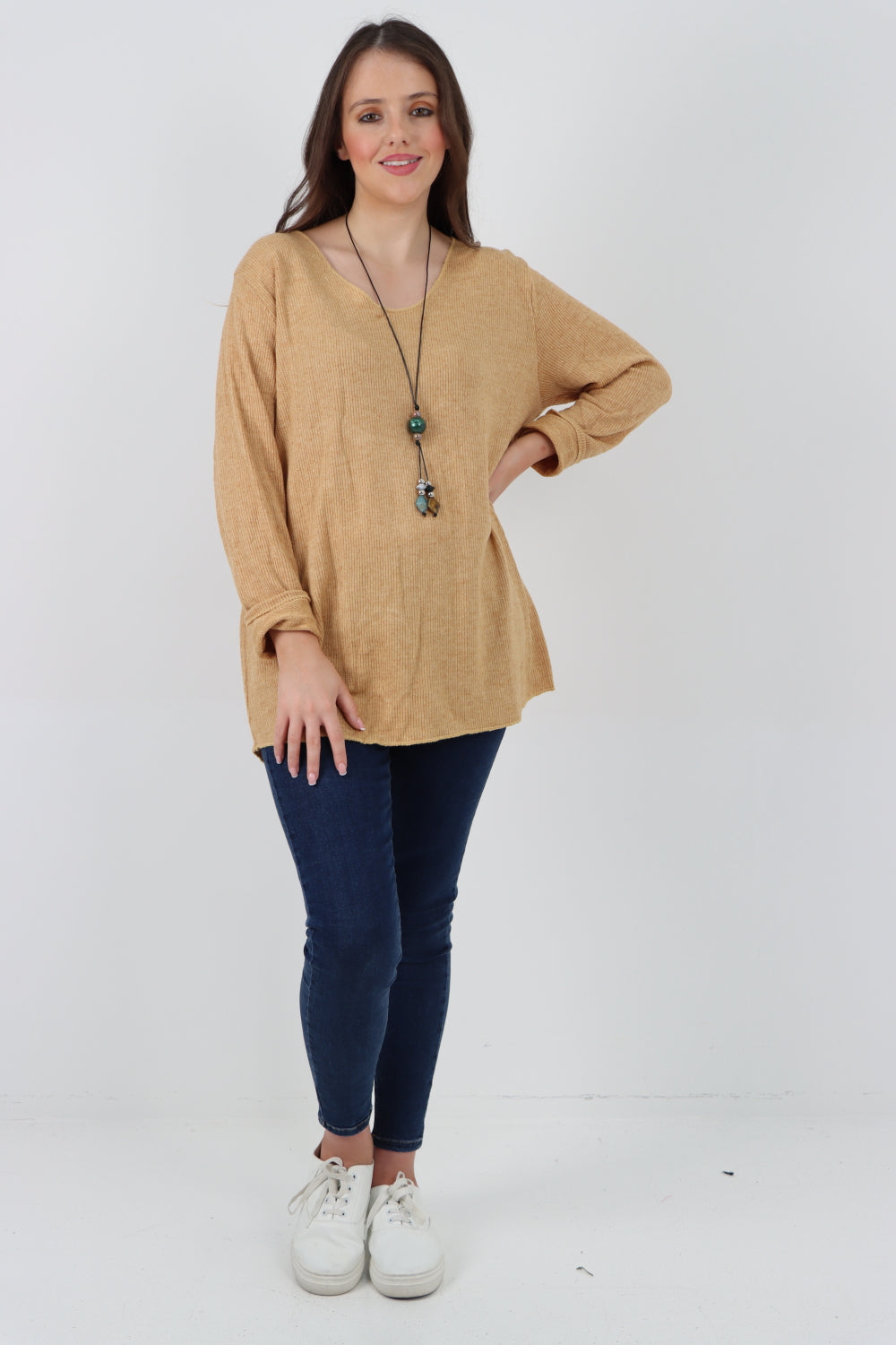 Italian Soft Knitted Necklace Top Sweater Jumper WearAll Camel One Size To Fit UK 8-18