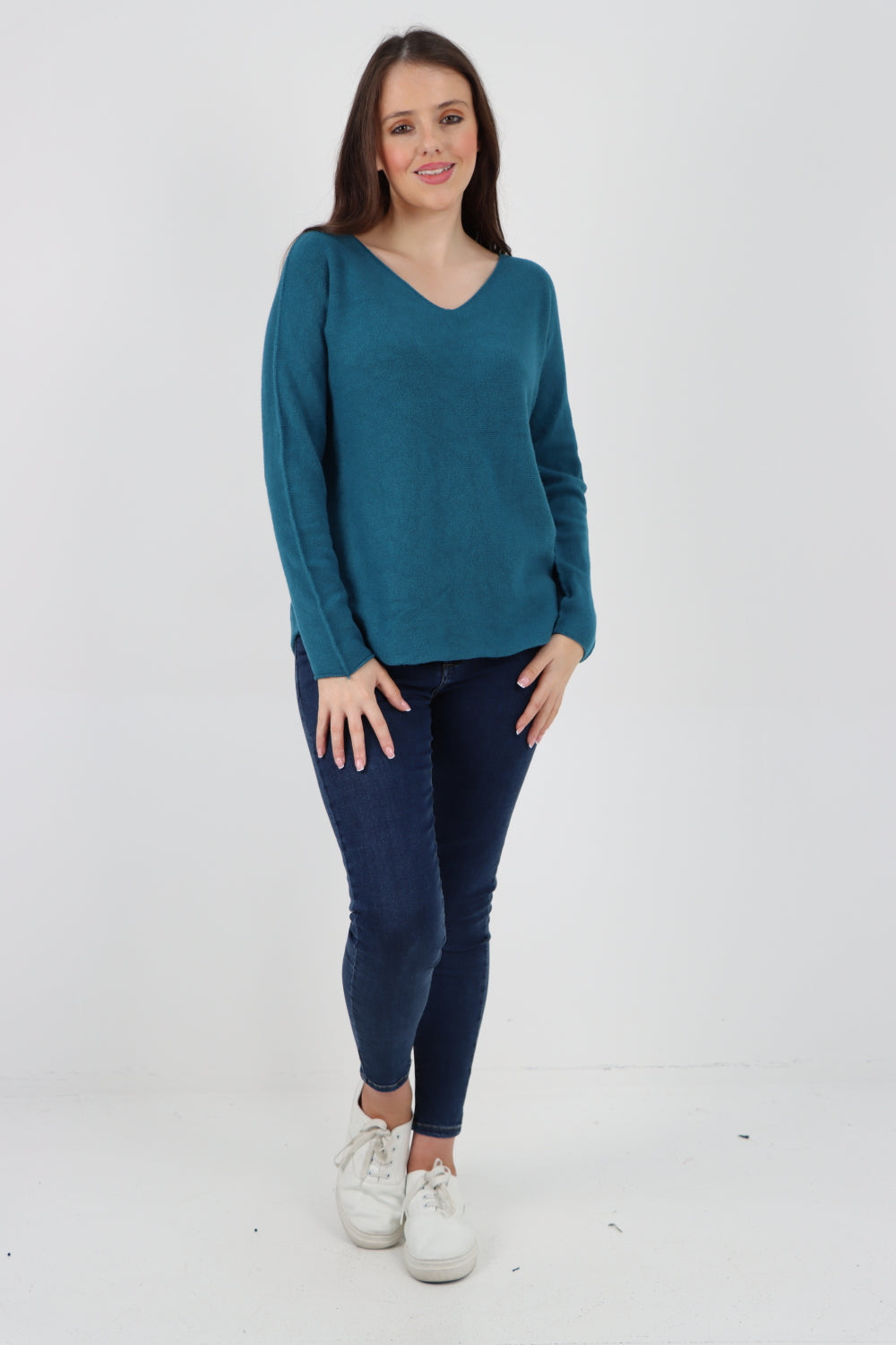 Knitted Jumper V Neck Basic Sweater Top Sweater WearAll Teal One Size To Fit UK 8-16