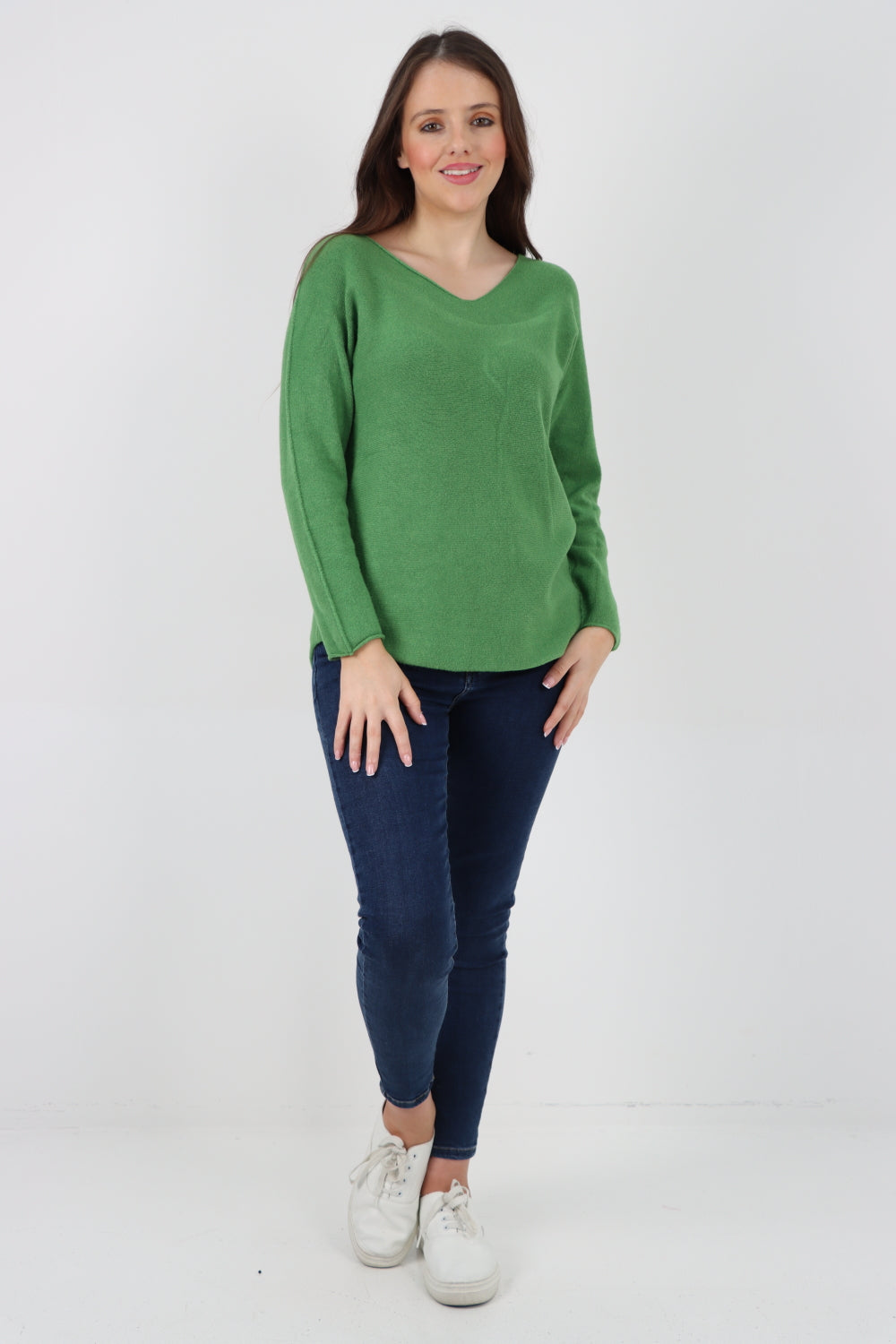 Knitted Jumper V Neck Basic Sweater Top Sweater WearAll Apple Green One Size To Fit UK 8-16